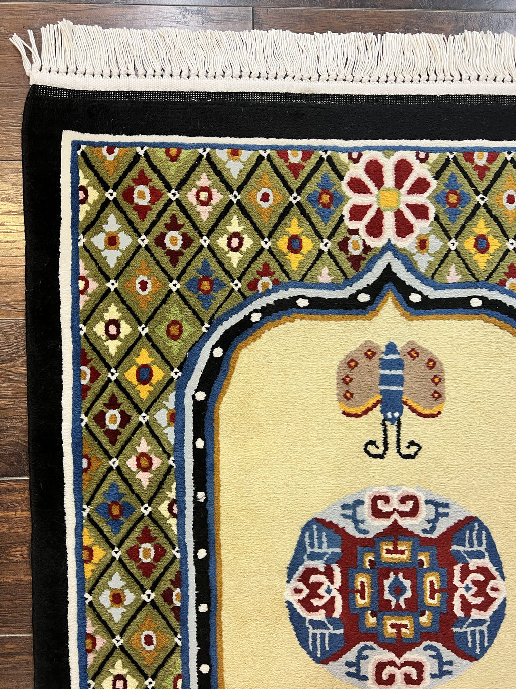Chinese Rug 3x6 ft, Chinese Wool Rug, Tiensin Rug, Handmade Wool 3 x 6 Vintage Peking Rug, Art Deco Rug, Butterflies