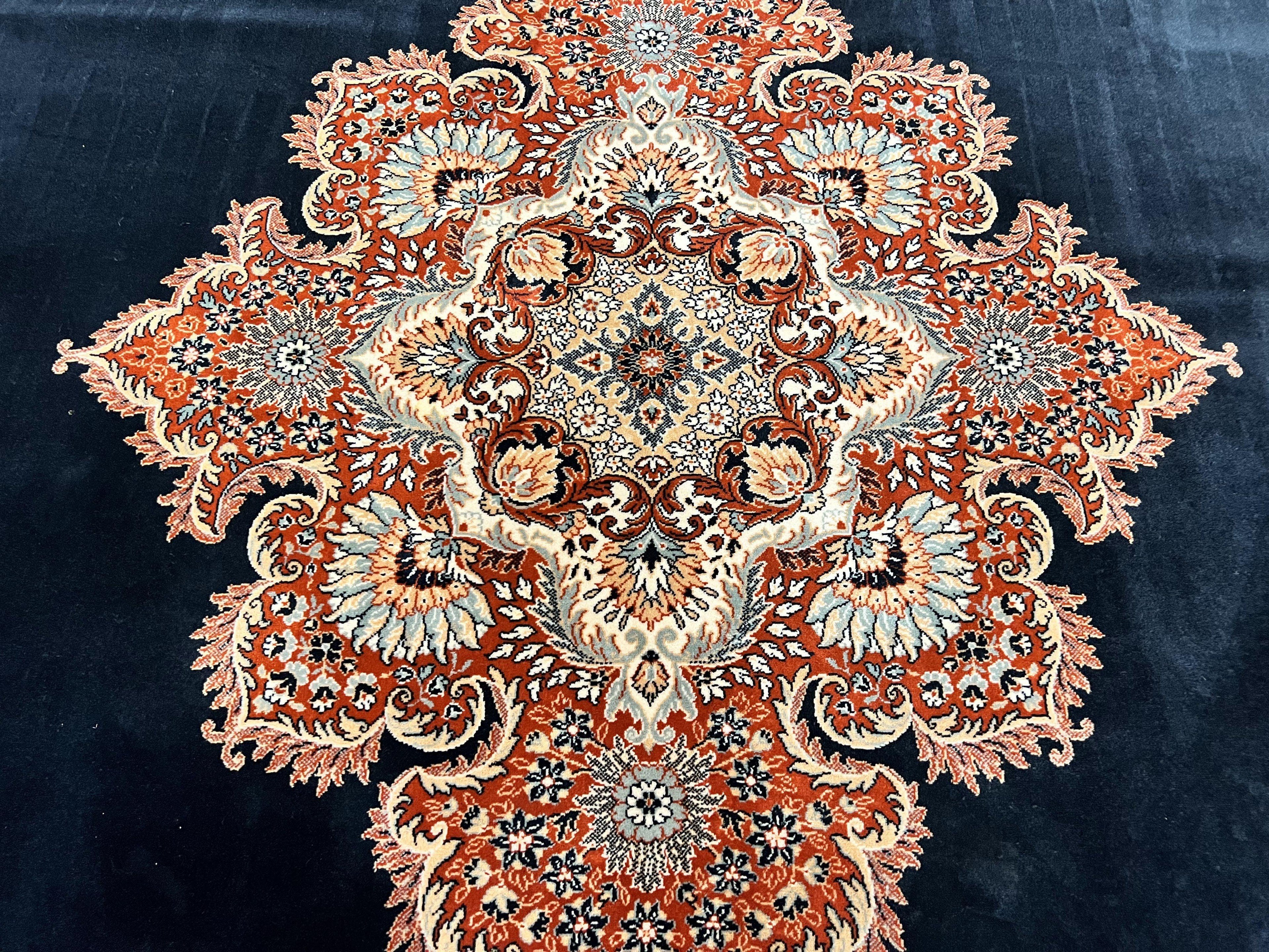 Karastan Rug 10x13, Karastan Ebony Kirman Rug, Room SIzed Wool Pile Vintage Karastan Carpet, Belgium Power Loomed Rug, Black Semi Open Field