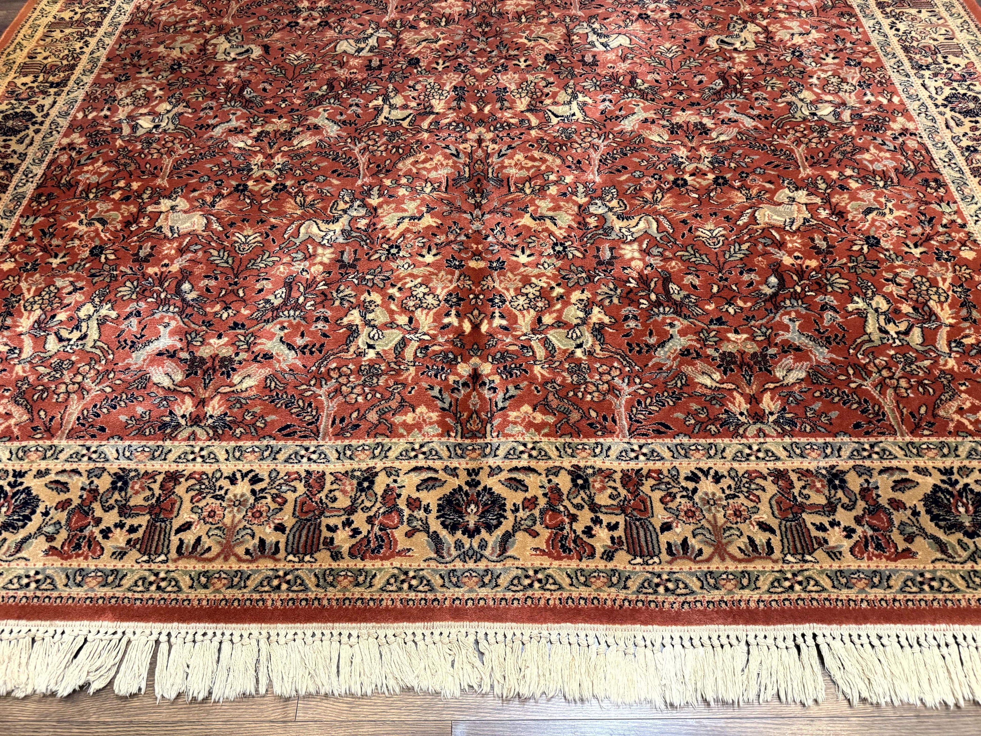 Persian Area Rug 8 x 11.6, Wool, Royal Hunting Scene, Vintage Couristan Rug, Red, Allover Pattern, Belgium Power Loomed