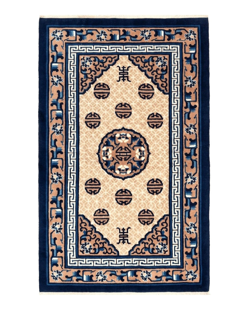 Chinese Peking Rug 3x5, Antique Chinese Art Deco Carpet, Blue Ivory Tan, Hand Knotted Wool Asian Oriental Rug 3 x 5 Vintage Small Peking Rug