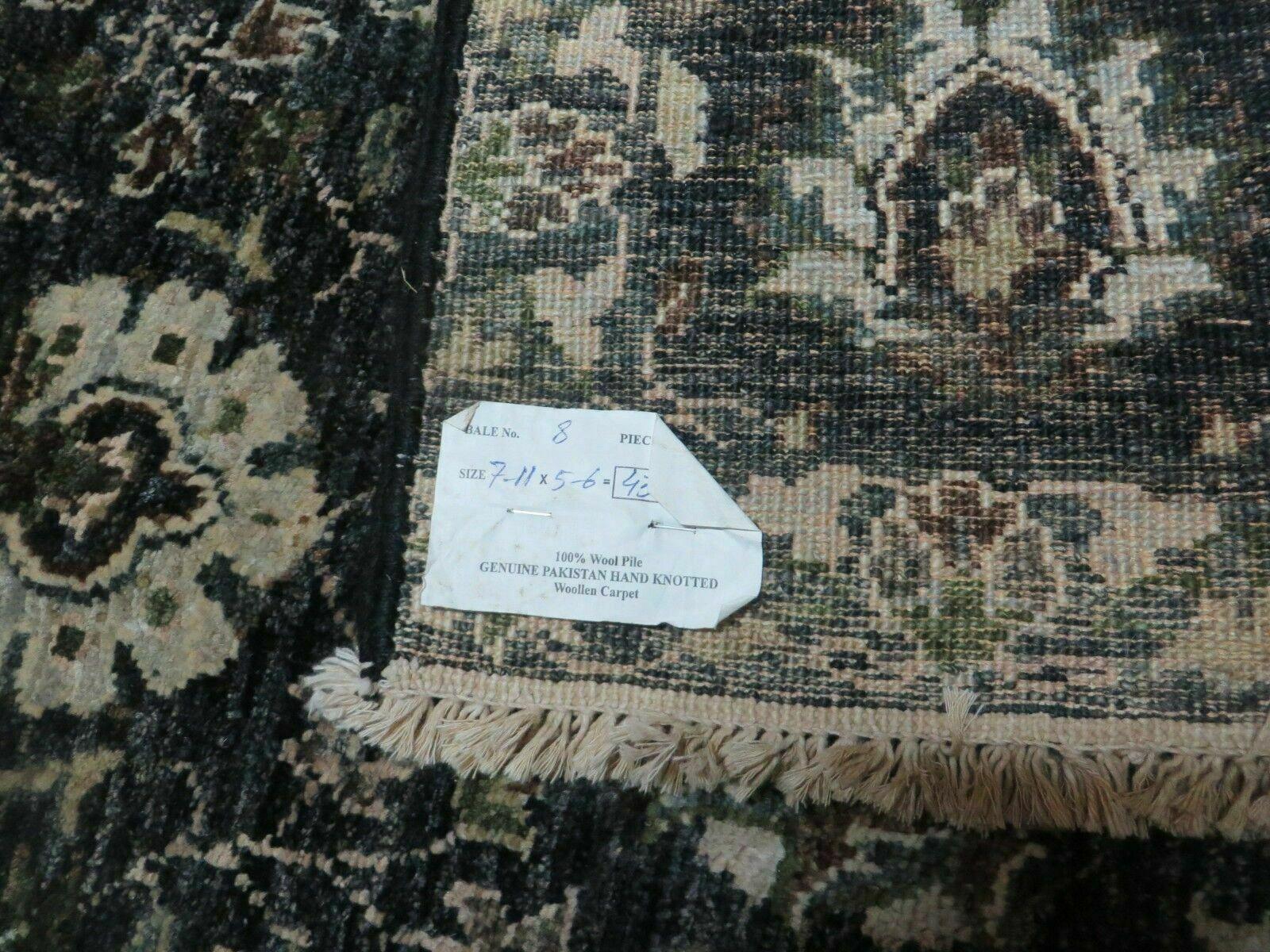 5' 6" X 8' Vintage Handmade Pakistani Floral Oriental Wool Rug Black Dark Grey