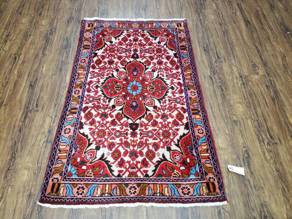 3' 2' X 5' 1" Handmade Floral Wool Rug Red Beige /Ivory