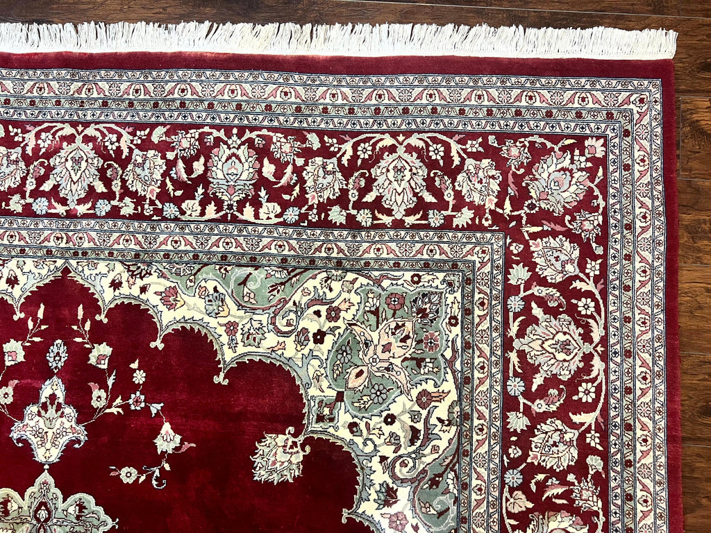 Pak Persian Rug 9x12, Handmade Vintage Traditional Wool Carpet, Floral Medallion, Dark Red Ivory/Cream, Fine 250 KPSI