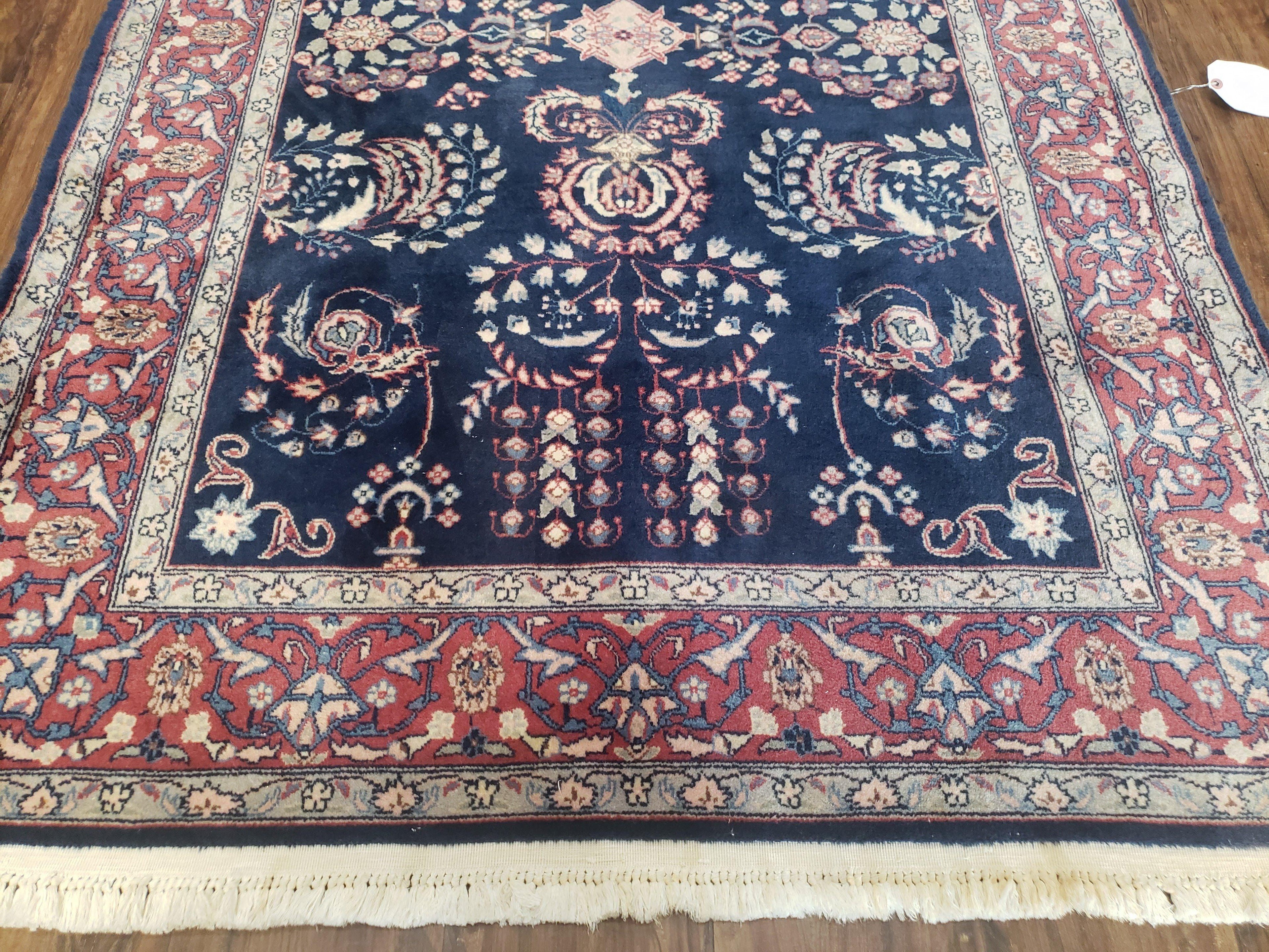 Dark Blue Indo Persian Rug 4x6, Medium Size Hand Knotted Oriental Carpet, Traditional Floral Indian Rug, Blue and Red Entryway Rug, Wool Rug