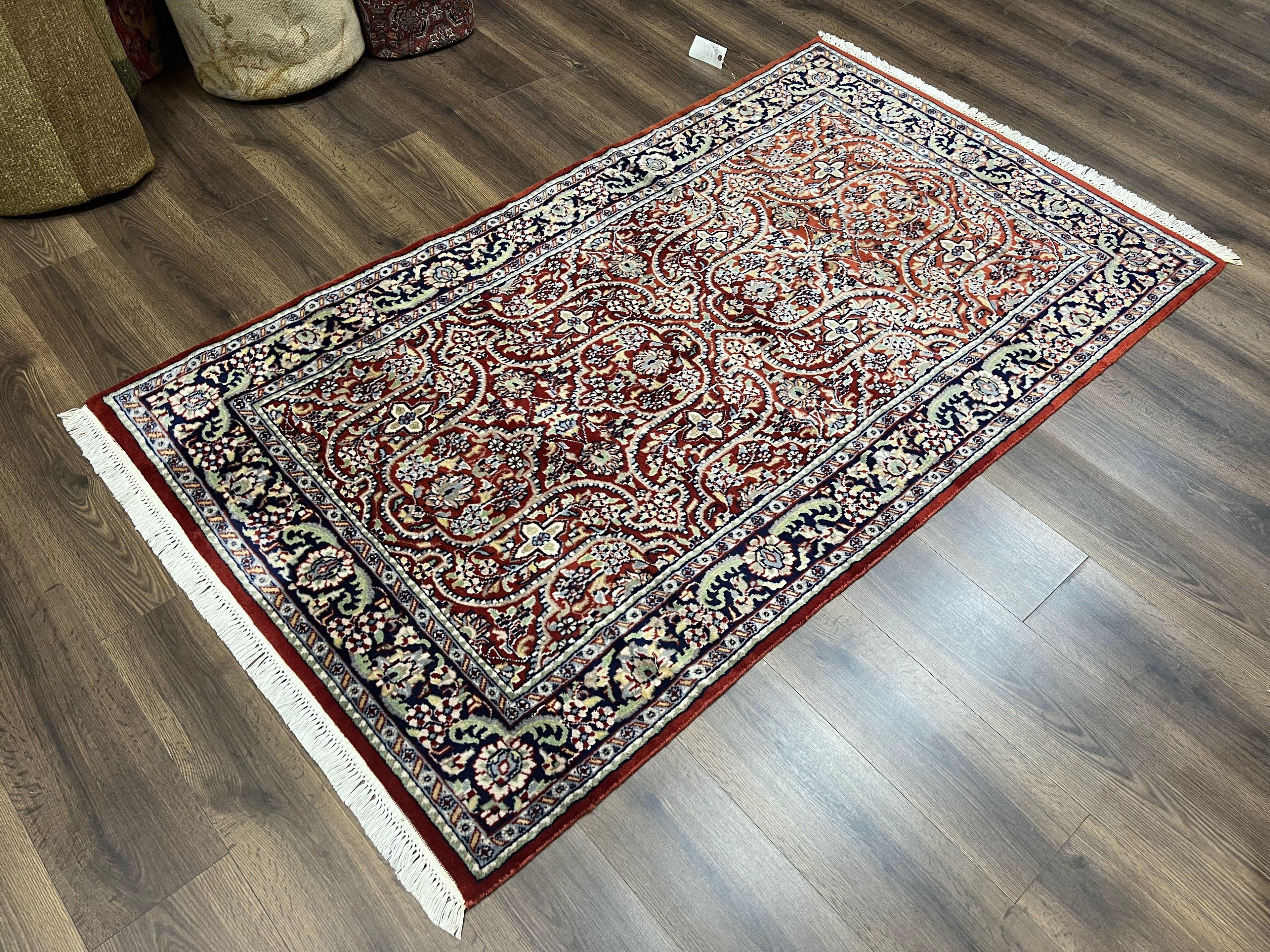 Indo Persian Rug 4x7, Allover Floral Oriental Carpet, Red and Navy Blue, Hand Knotted Indian Kashmiri Traditional Vintage Area Rug 4 x 7 ft