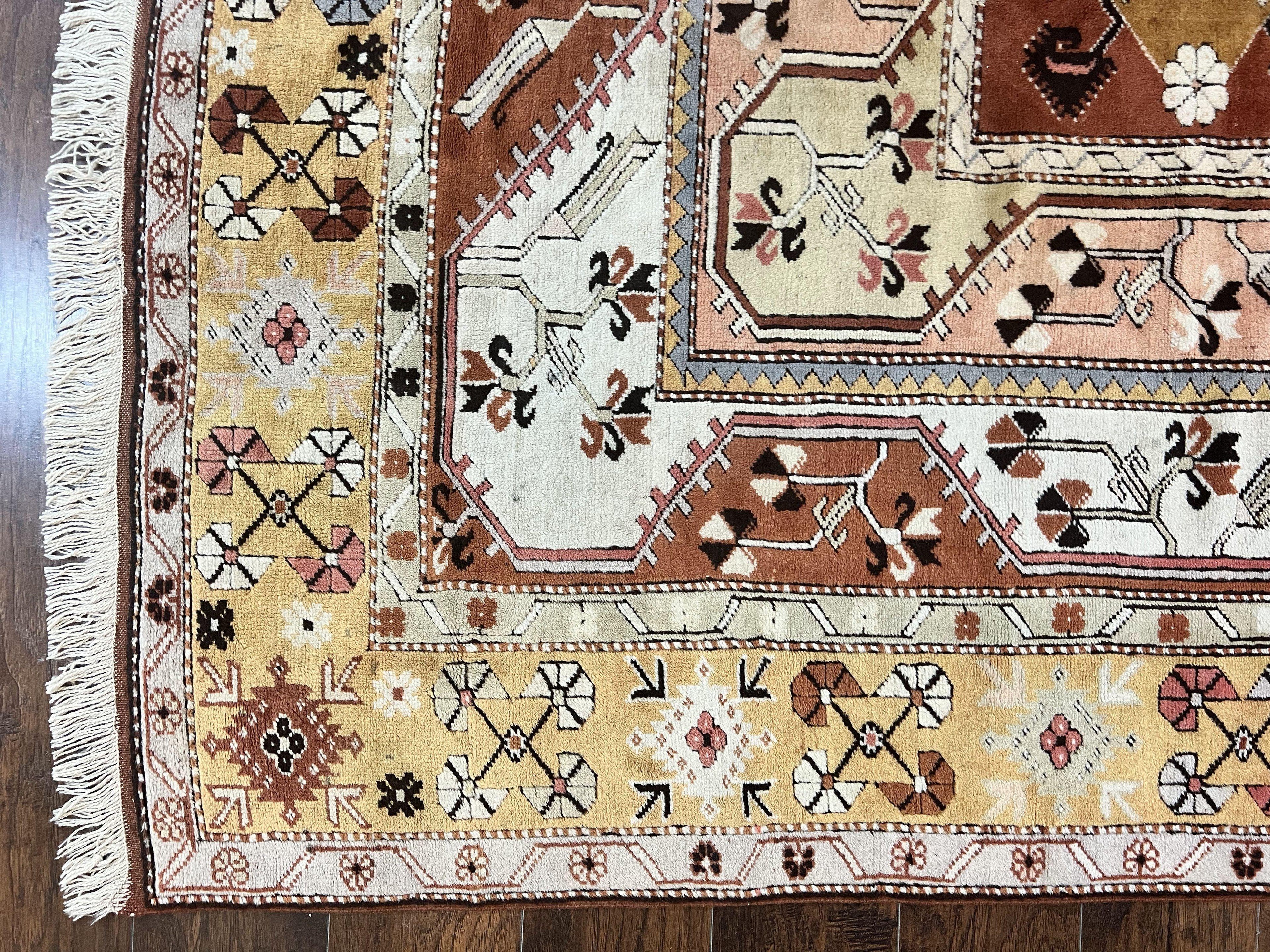 Turkish Rug 7x10, Wool Hand Knotted Vintage Carpet, Geometric Kazak Pattern
