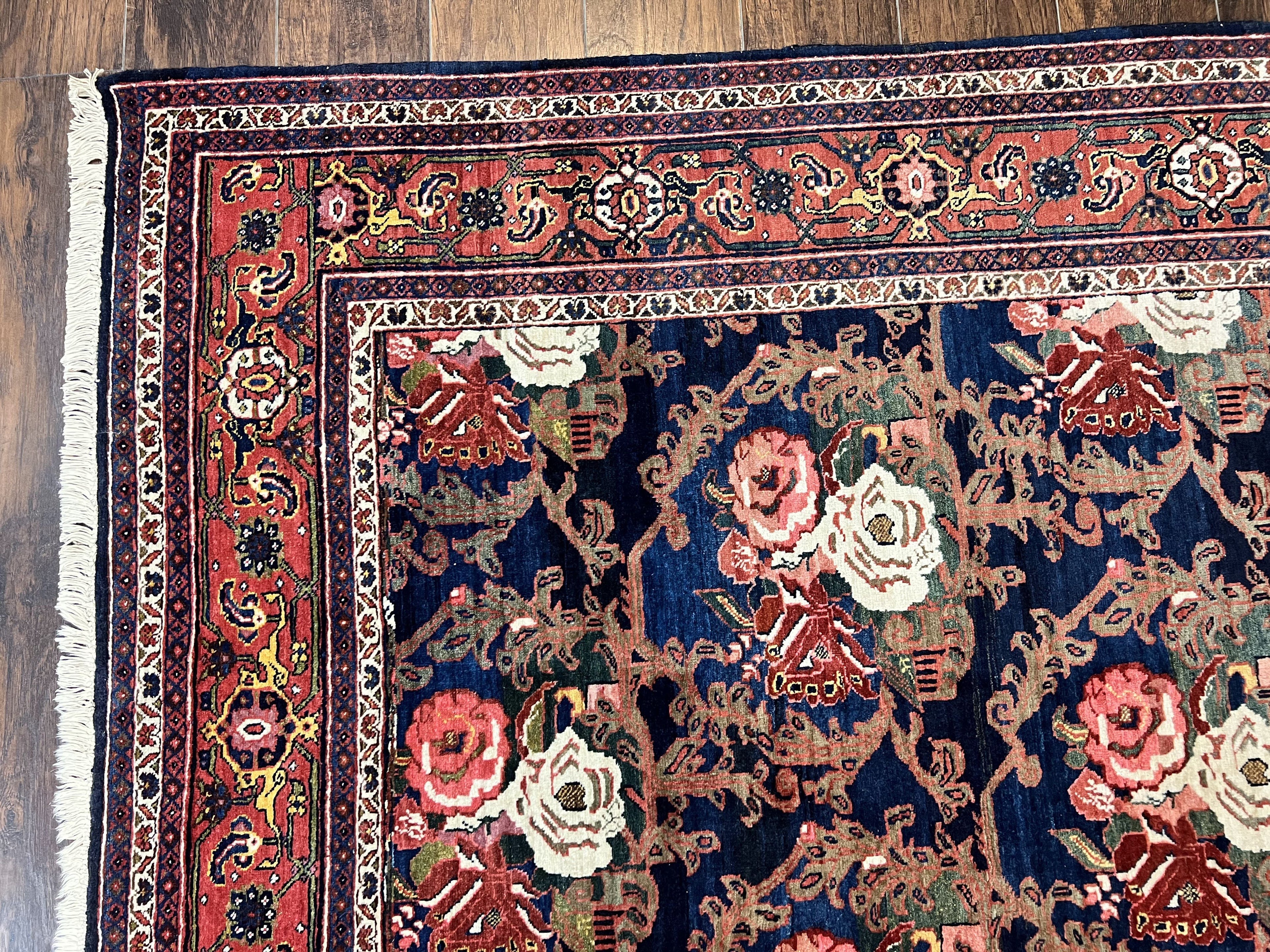 Persian Bidjar Rug 8x11, Floral Bouquets, Blue Black Red Pink, Handmade Hand Knotted Vintage Semi Antique Oriental Carpet