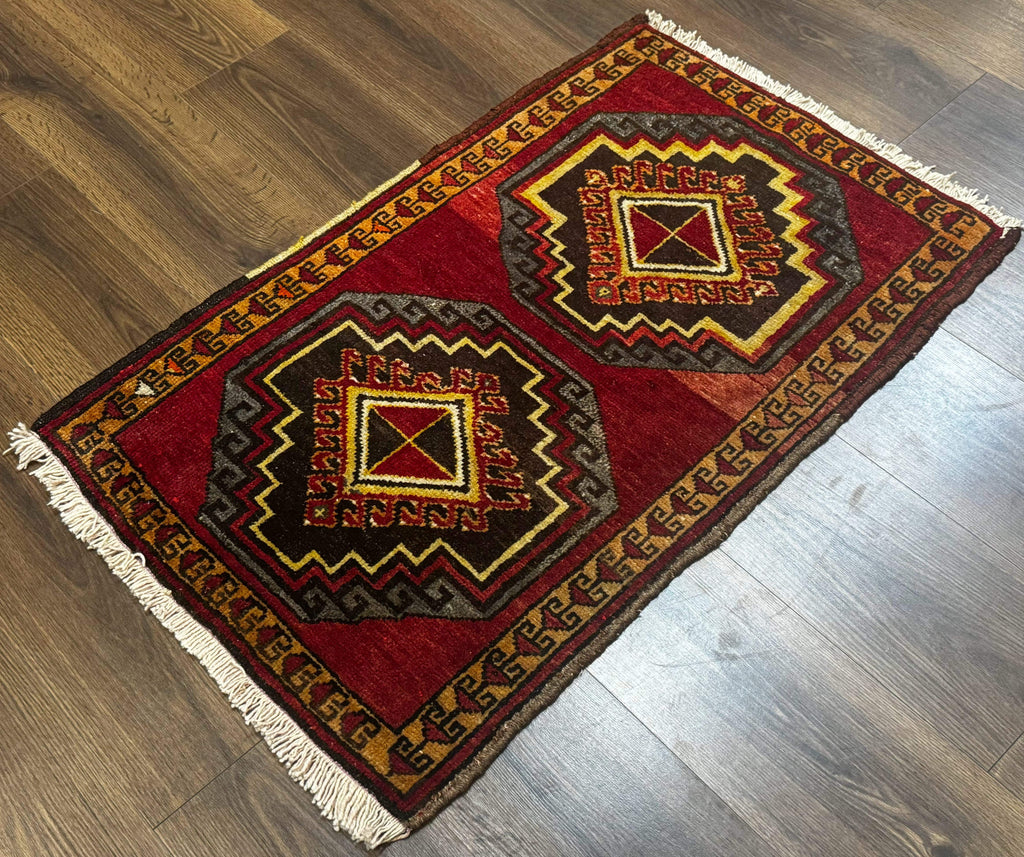 Small Antique Turkish Yastik Rug 2x3, Double Medallions, Geometric, Red, Wool