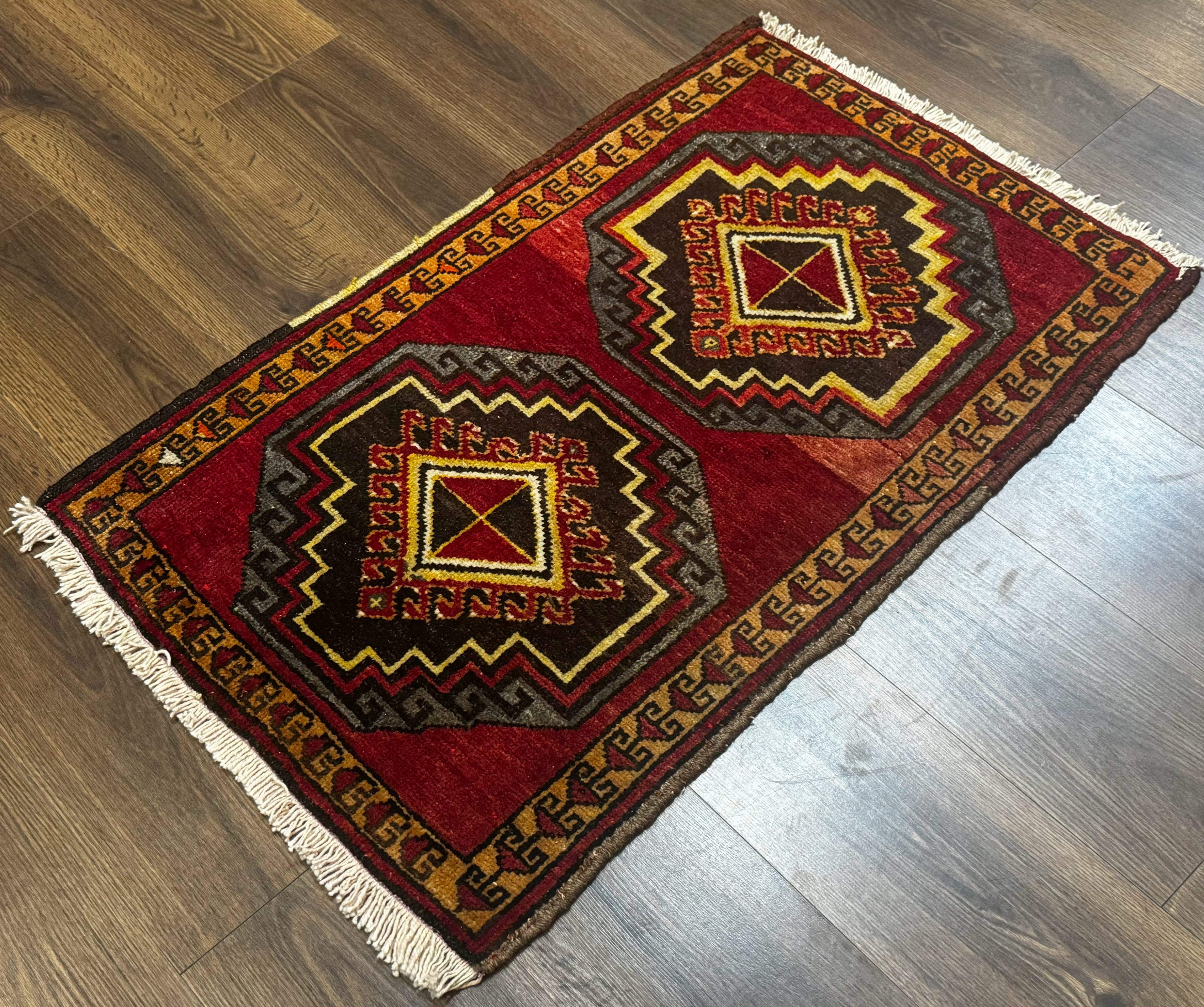 Small Antique Turkish Yastik Rug 2x3, Double Medallions, Geometric, Red, Wool