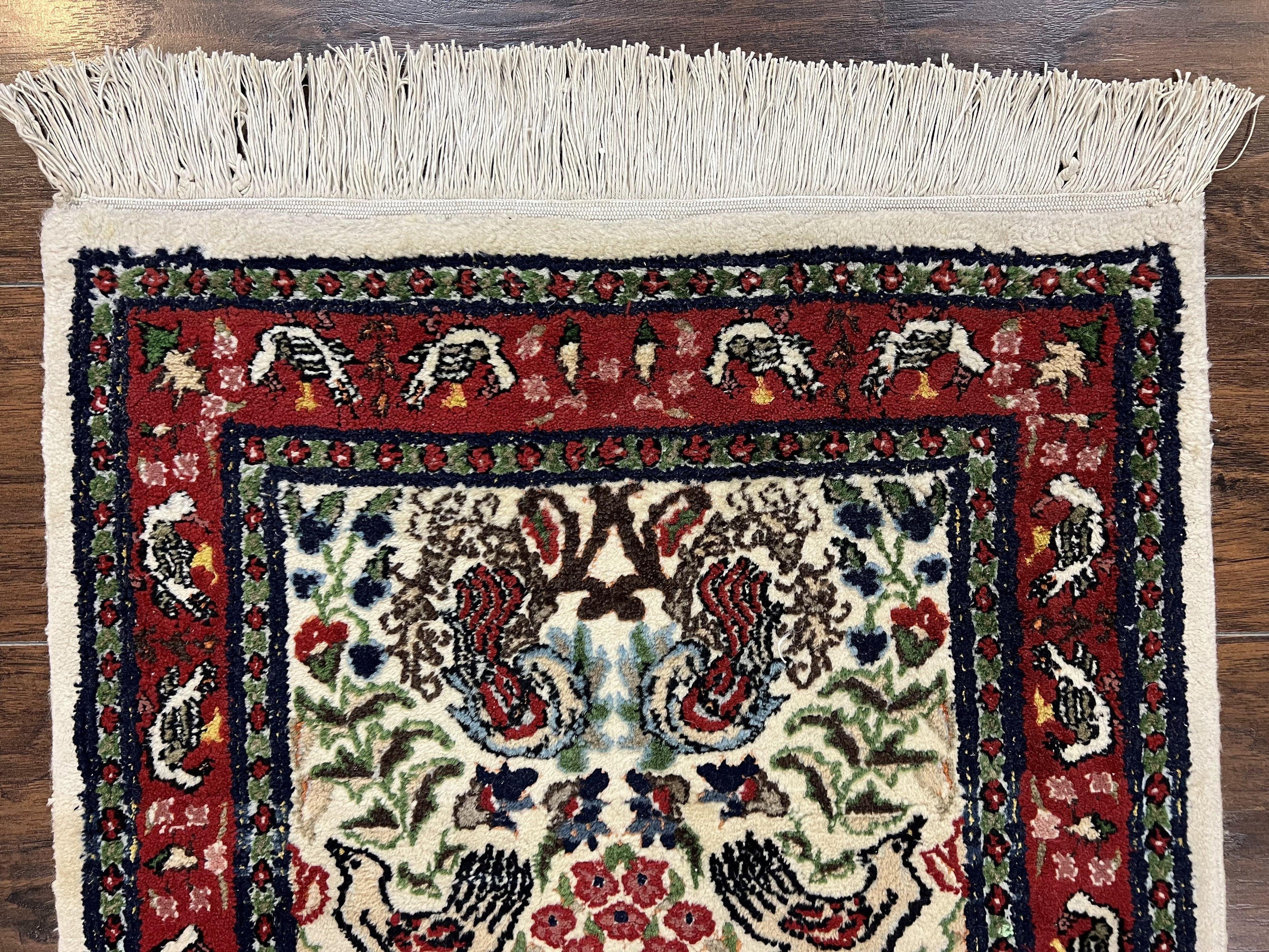 Small Indo Persian Rug 2x3 ft, Wool with Silk Highlights, Animal Pictorials, Birds