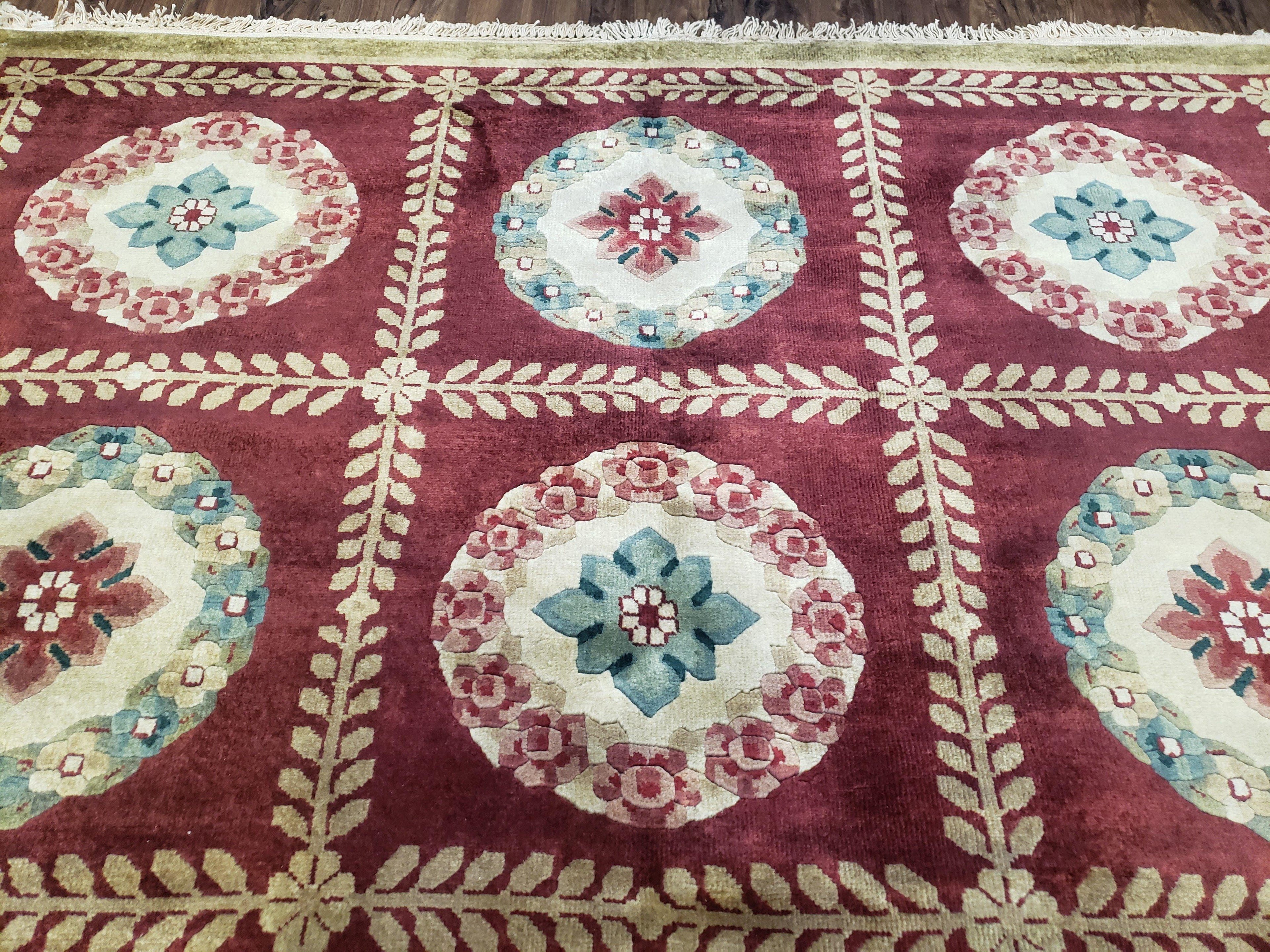 Nepalese Aubusson Panel Rug 6x9, Red & Ivory Soft Plush Tibetan Pile Rug, Wool Hand-Knotted Carpet, 6 x 9 Elegant Area Rug, Office Room Rug