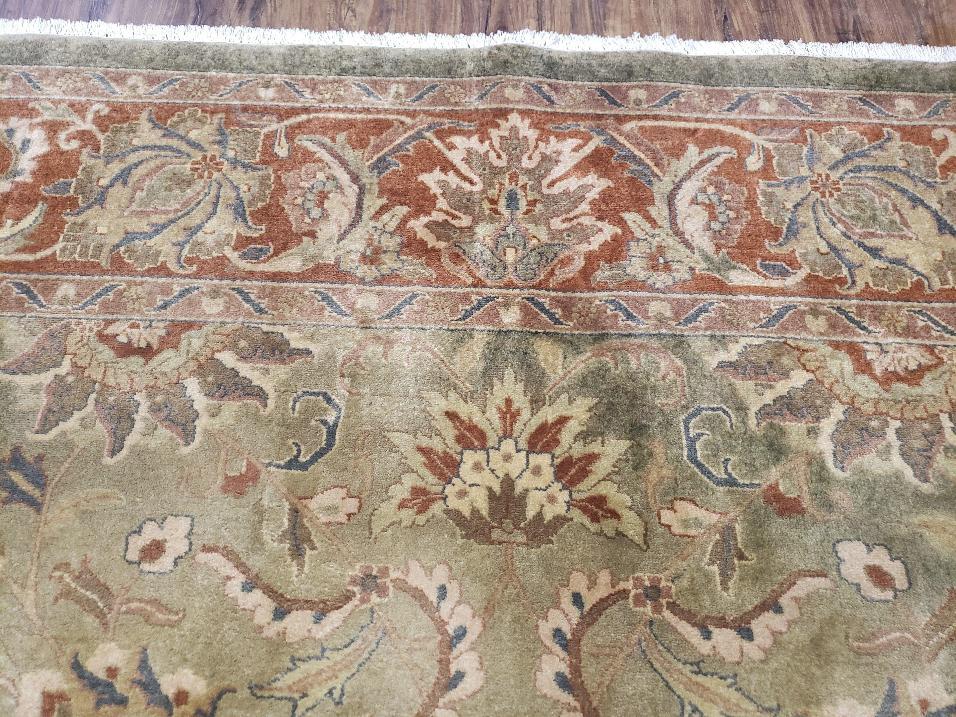 Green Indo Mahal Area Rug 9x12, Wool Hand-Knotted Carpet