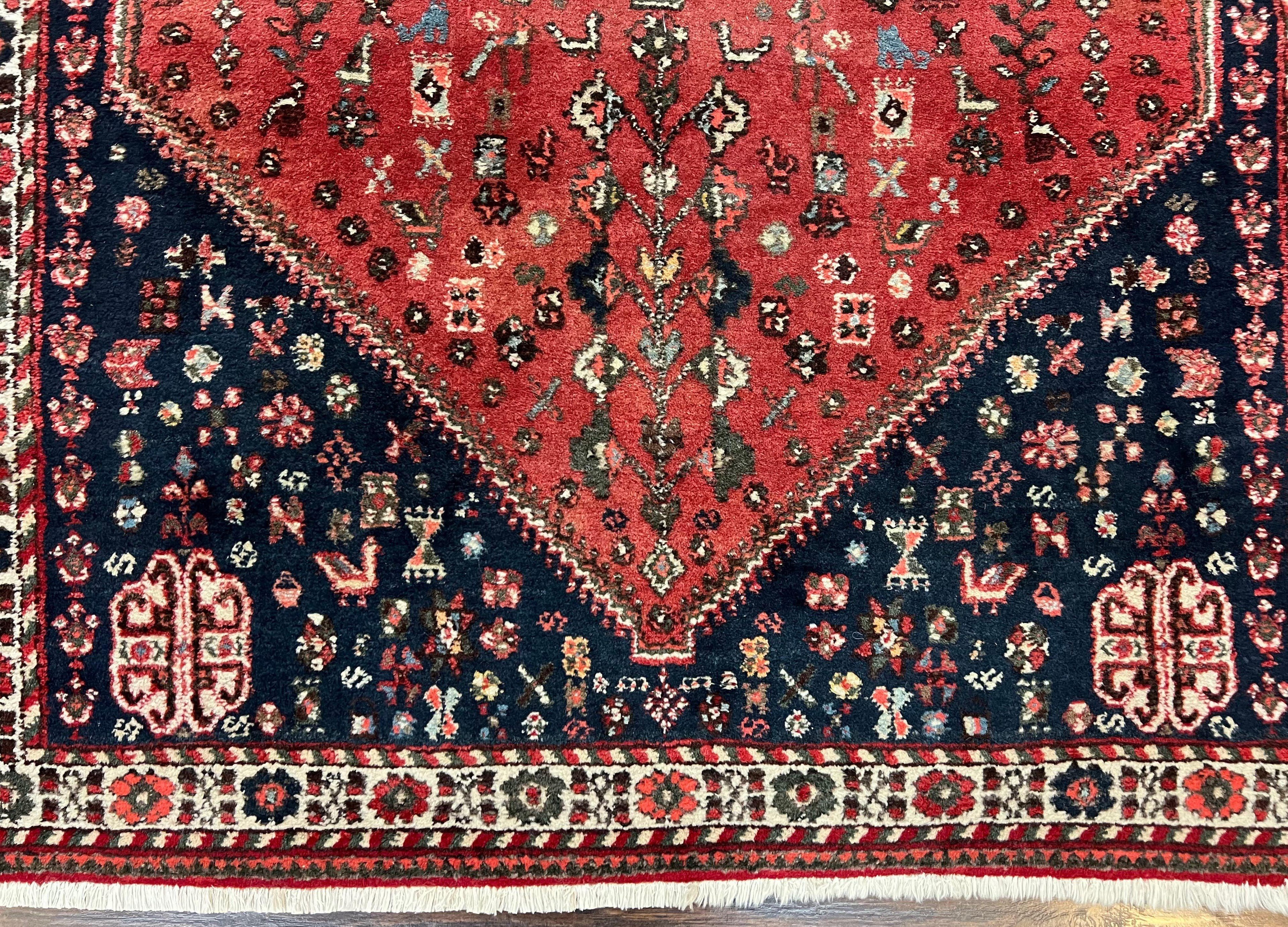 Persian Tribal Rug 3.6 x 5 ft, Persian Abadeh Rug, Geometric Medallion Bird Motifs, Red and Navy Blue Hand Knotted Handmade Wool Vintage Oriental Carpet