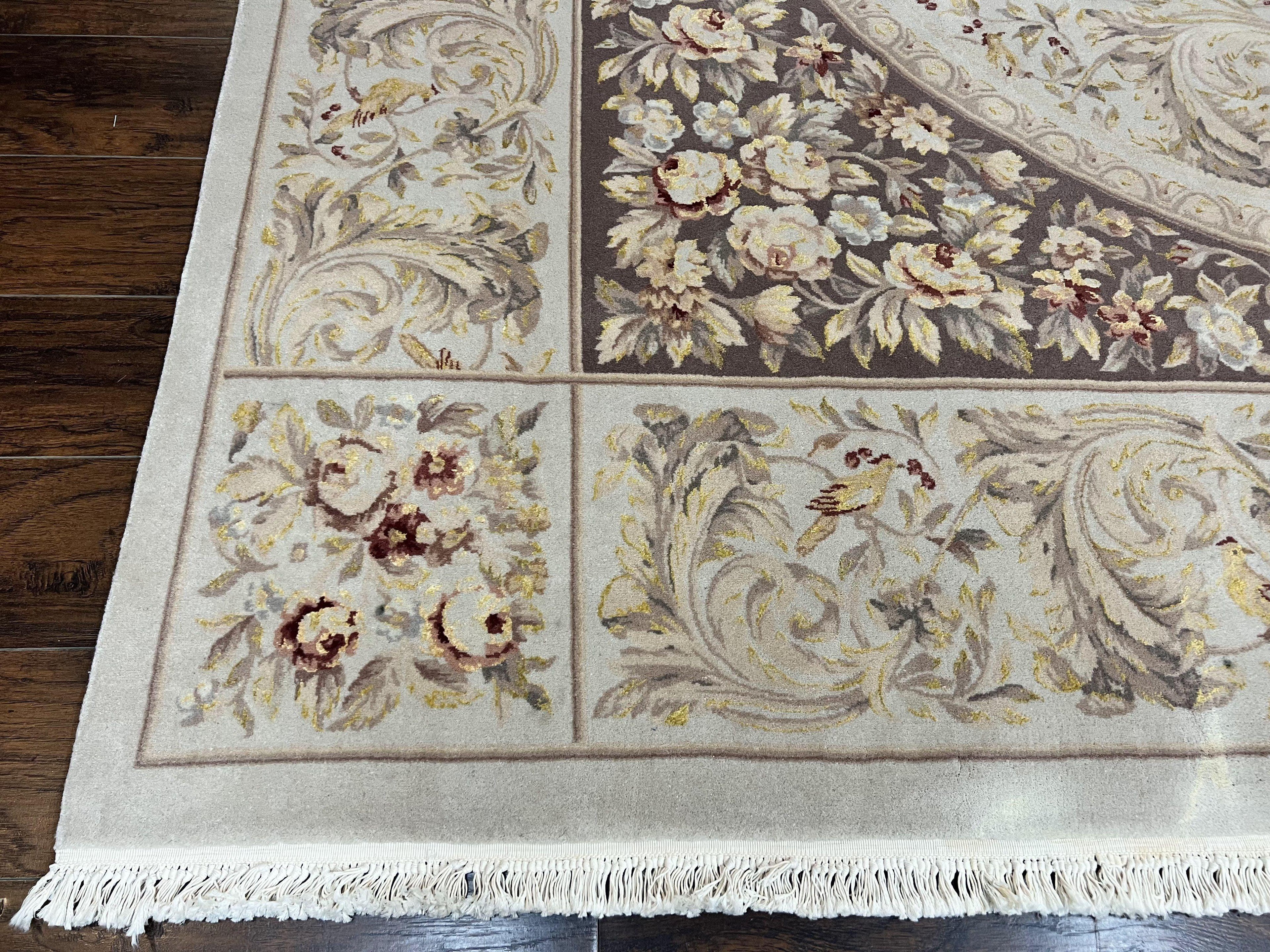 Aubusson Rug 10x14, Wool & Silk Highlights Hand Knotted Vintage Carpet, Birds Flowers, Fine Details, Elegant