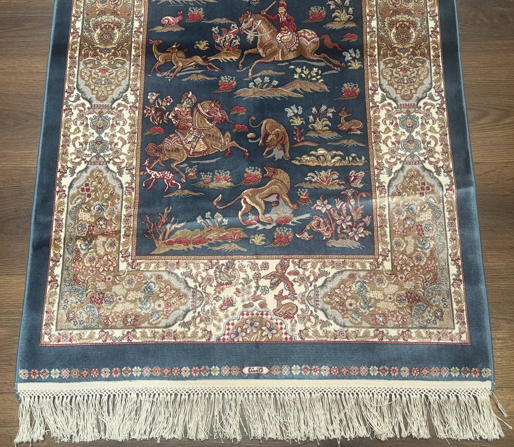 Turkish Silk Hunting Scene Rug 2.6 x 5, Dark Steel Blue & Ivory, Bamboo Silk, New