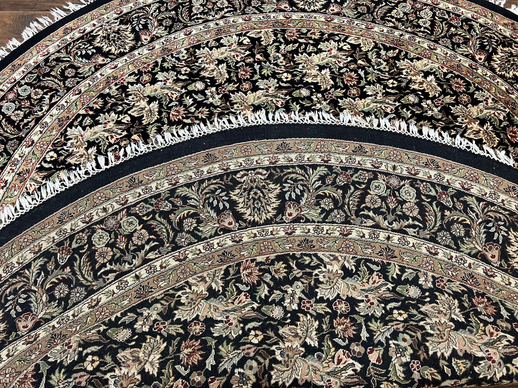Round Oriental Rug 8x8 ft, William Morris Floral Pattern Carpet, 8 x 8 ft Round Rug, Black Cream and Tan 8ft Round Handmade Indo Persian Rug