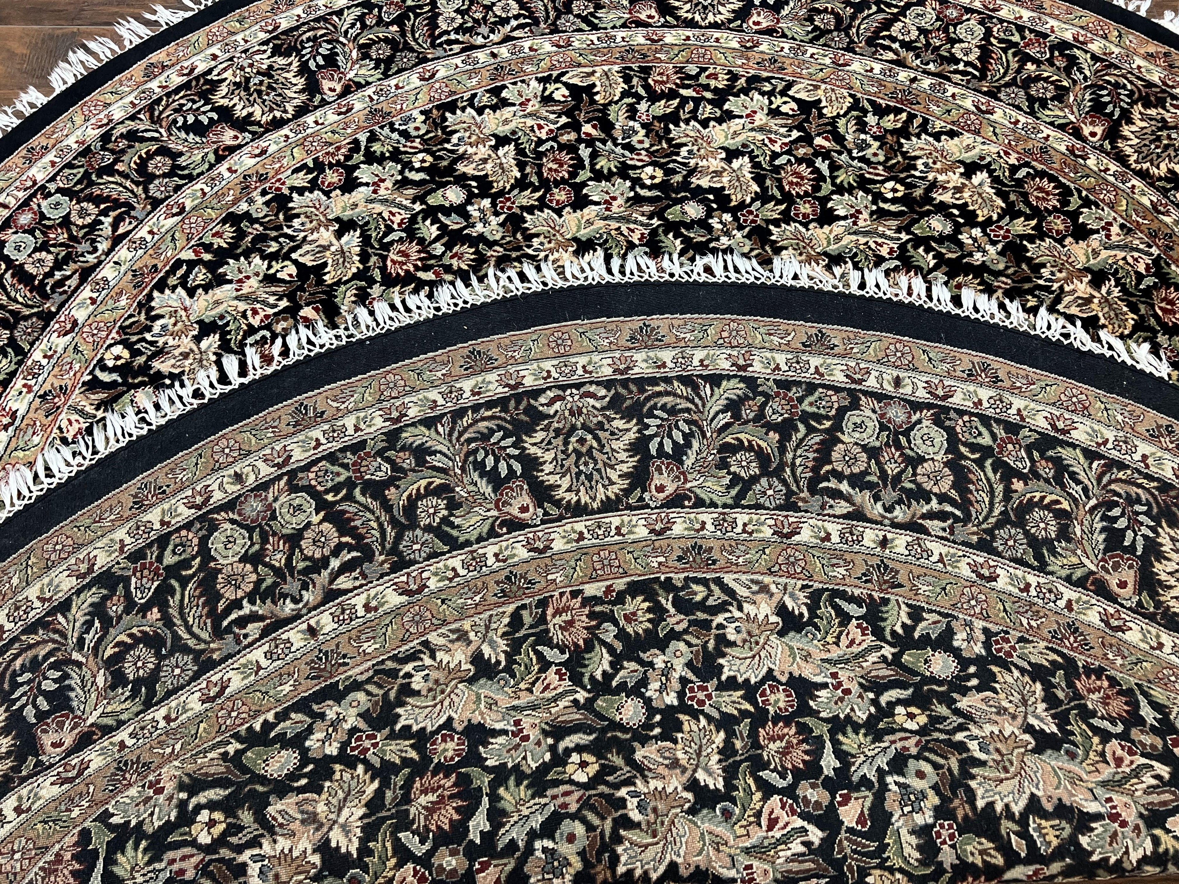 Round Oriental Rug 8x8 ft, William Morris Floral Pattern Carpet, 8 x 8 ft Round Rug, Black Cream and Tan 8ft Round Handmade Indo Persian Rug