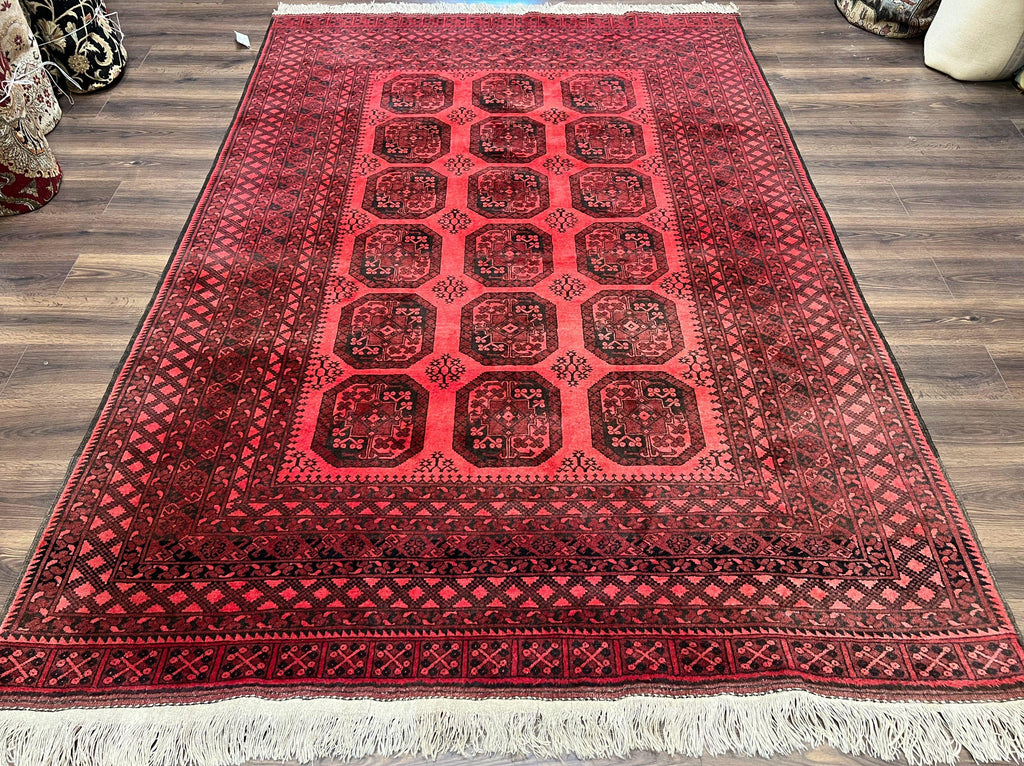 Afghan Turkoman Rug 7x10, Vintage Yamud Beshir Bokhara Carpet, Red and Black Bukhara Hand-Knotted Oriental Wool Handmade Rug, Elephant Foot