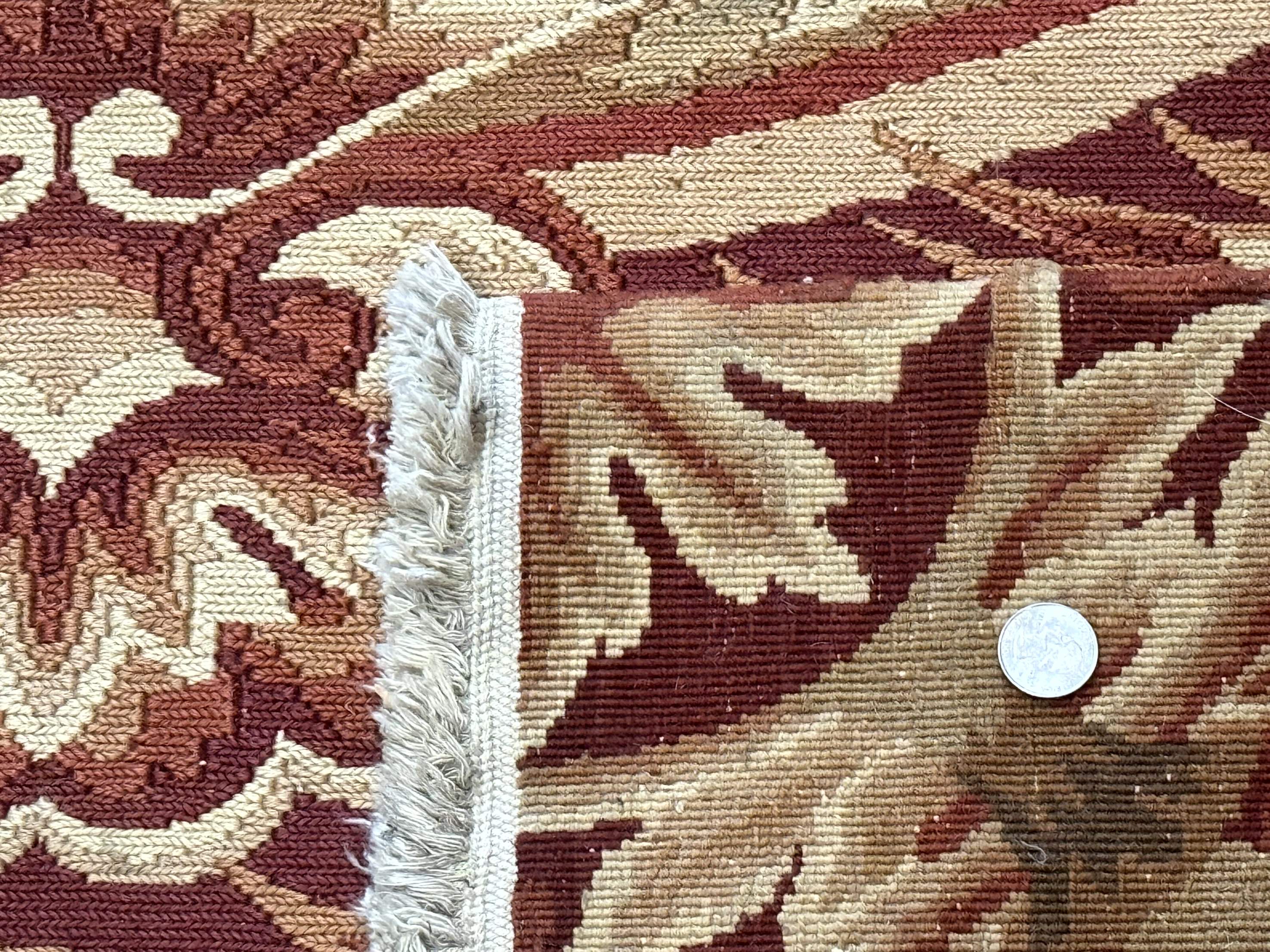 Large Aubusson Rug 10x13, Thick Flatweave Carpet, Elegant European Design, Cream and Raspberry