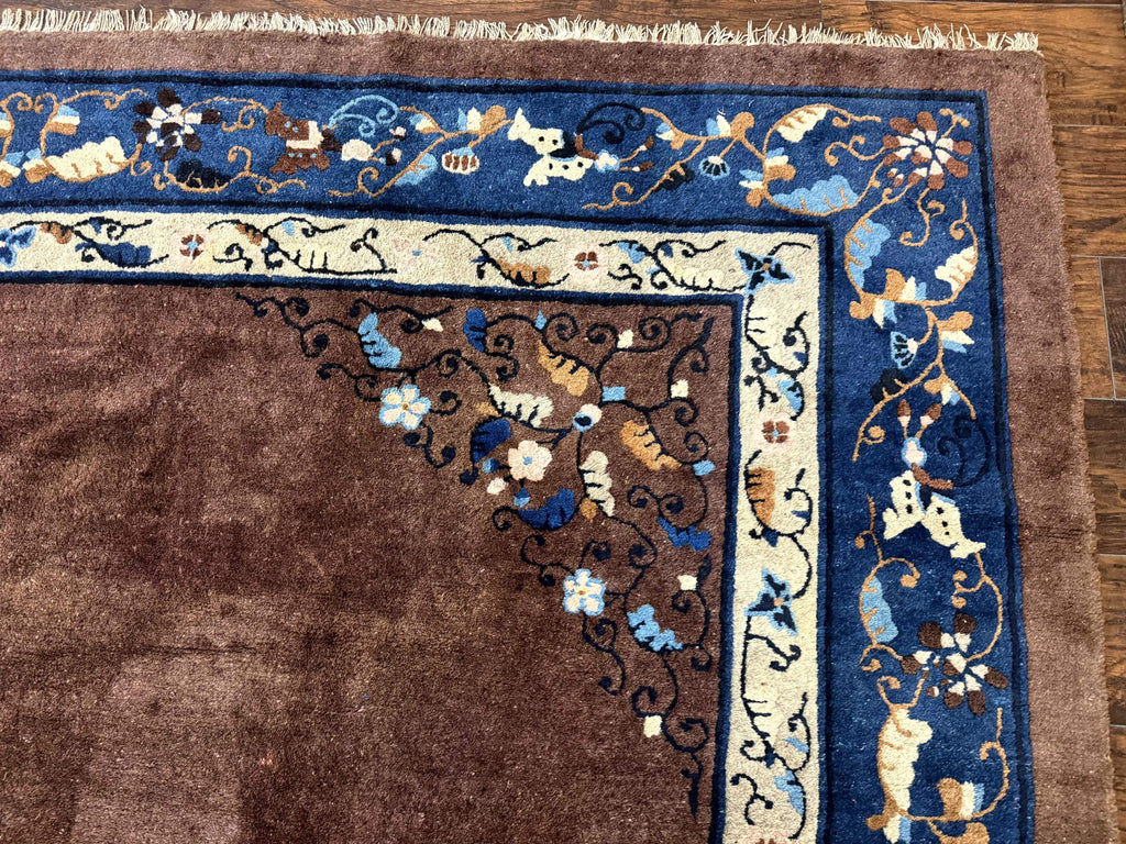 Antique Chinese Wool Rug 9x11, Large Chinese Art Deco Rug, Peking Rug, Brown and Blue, Open Field, Fete Rug