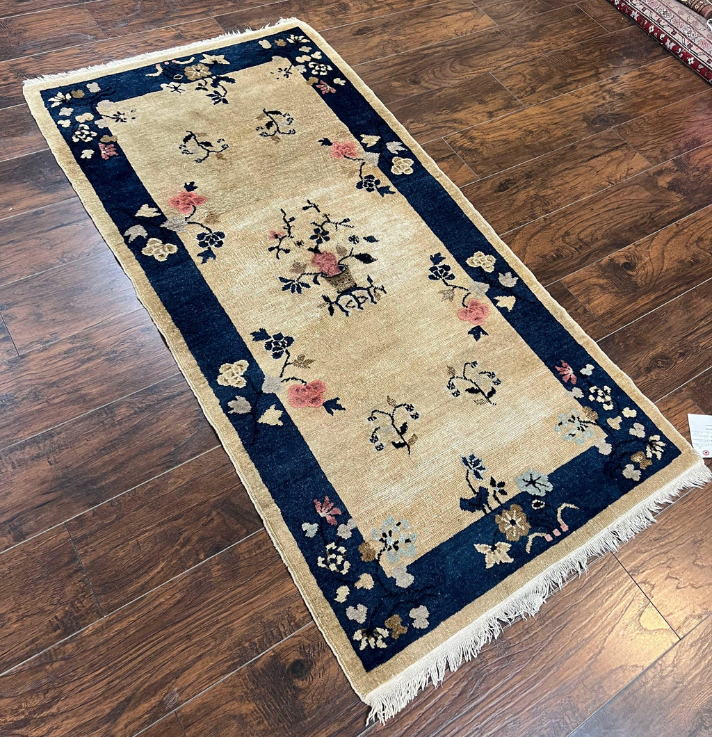 Antique Chinese Peking Rug 3x6, Beige and Dark Blue Hand Knotted Handmade Asian Oriental Carpet, Floral Vases, Vintage Wool Art Deco Rug