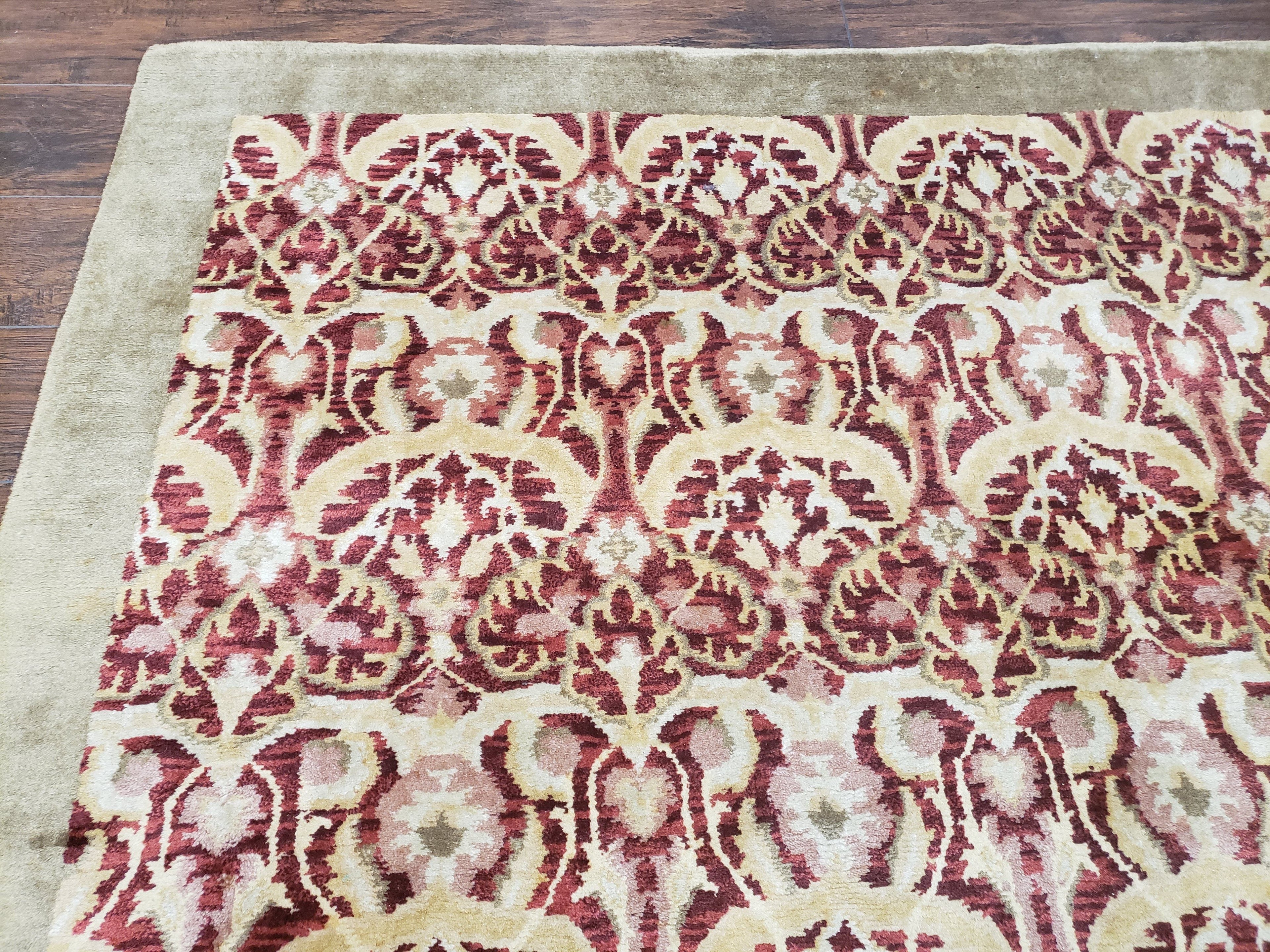 Contemporary Indian Nepalese Room Sized Rug 9 x 11.6, Wool Hand-Knotted Dark Red & Beige Soft Carpet, 9 x 12 Masterloom Living Room Rug