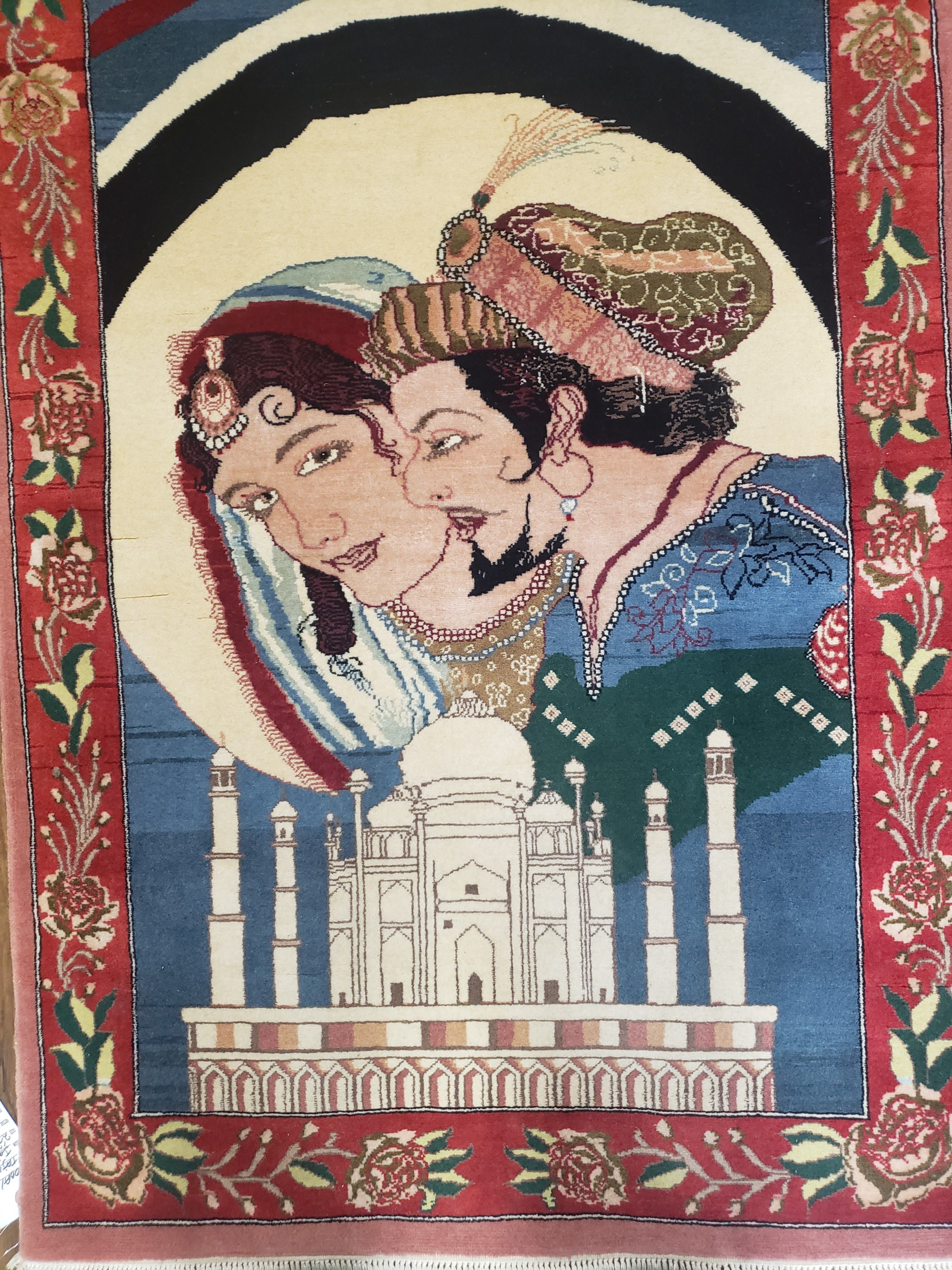Vintage Small Pictorial Lovers Rug 2.5 x 4, Taj Mahal Indo Persian Rug, Wool Hand-Knotted Indian Rug, King & Queen, Layla and Majnun