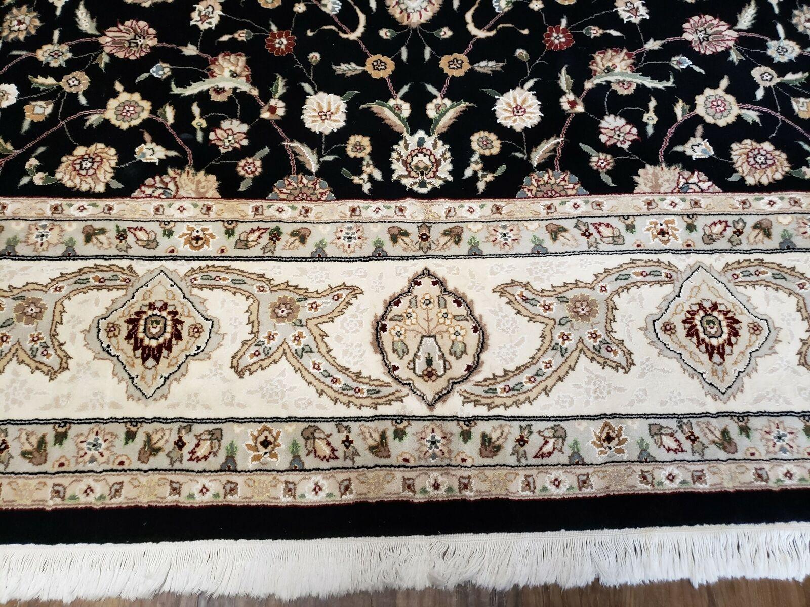 8' 5" X 11' 6" Vintage Handmade Oriental Floral Wool Rug Silk Accent Black Nice