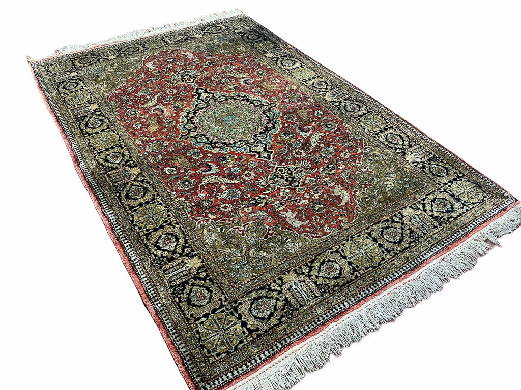 Persian Qum Silk Rug 3.8 x 5.6, Silk on Silk, Animal Pictorials, Fine 330 KPSI
