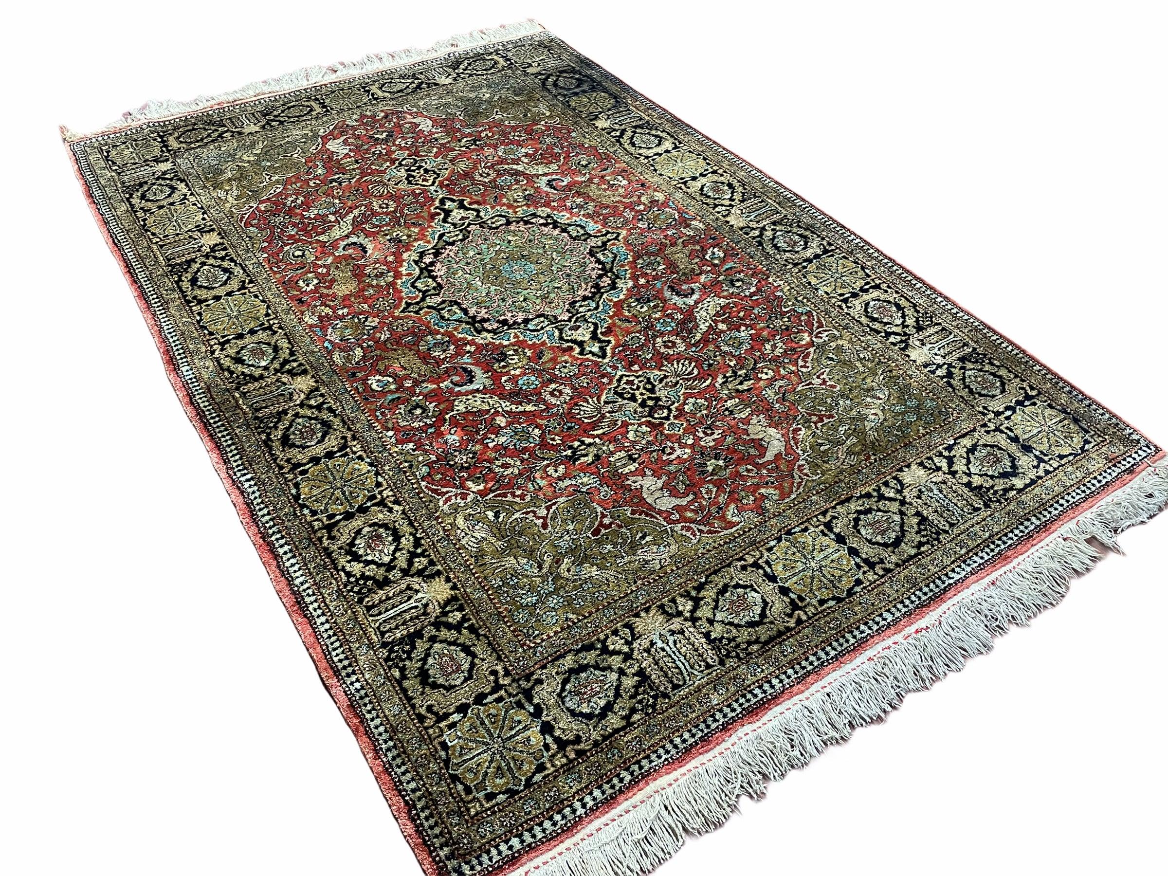 Persian Qum Silk Rug 3.8 x 5.6, Silk on Silk, Animal Pictorials, Fine 330 KPSI