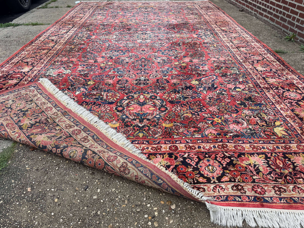 Large Antique Persian Sarouk Rug 11x18, Red, Floral Allover, Palace Size Wool Handmade Carpet