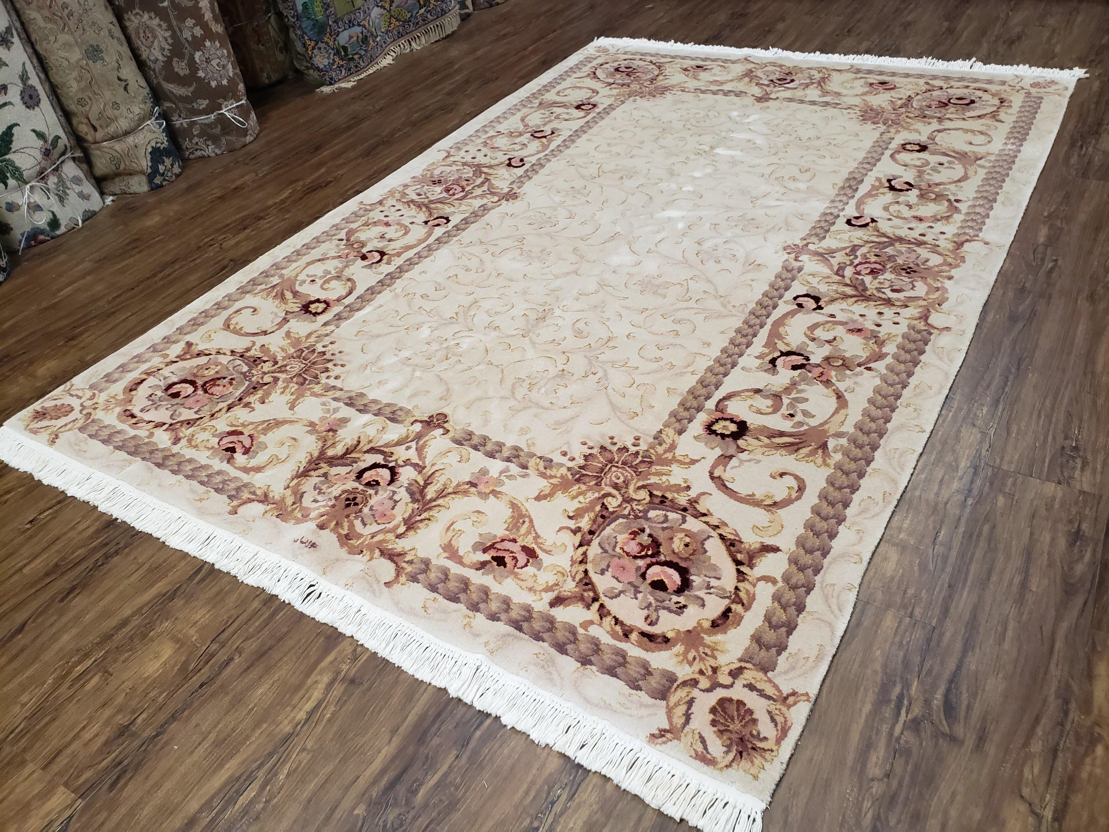 Vintage Ivory Chinese Aubusson Area Rug 6x9, Wool & Silk, Hand-Knotted 120 Line Fine Rug, European Design Carpet, 6 x 9 Master Signature Rug