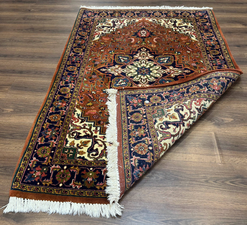 Indo Persian Heriz Rug 4x6, Rust Red Navy Blue and Cream