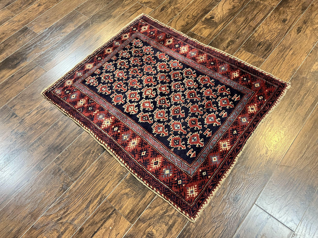 Turkish Sparta Rug 3x4, Allover Pattern, Navy Blue and Red, Antique Ispara Oriental Carpet 3 x 4, Small Turkish Handmade Vintage Wool Rug