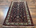 Navy Blue Antique Persian Rug 3x6, Blue and Ivory Persian Carpet, Handmade 1920s Hamadan Rug