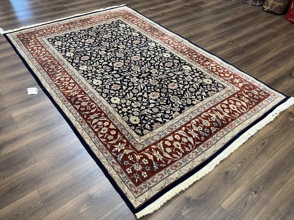 Indo Sarouk Rug 6x9, Vintage Indian Persian Rug, Wool Oriental Carpet, Navy Blue Red Allover Floral Rug, Traditional Very Fine Rug, Area Rug