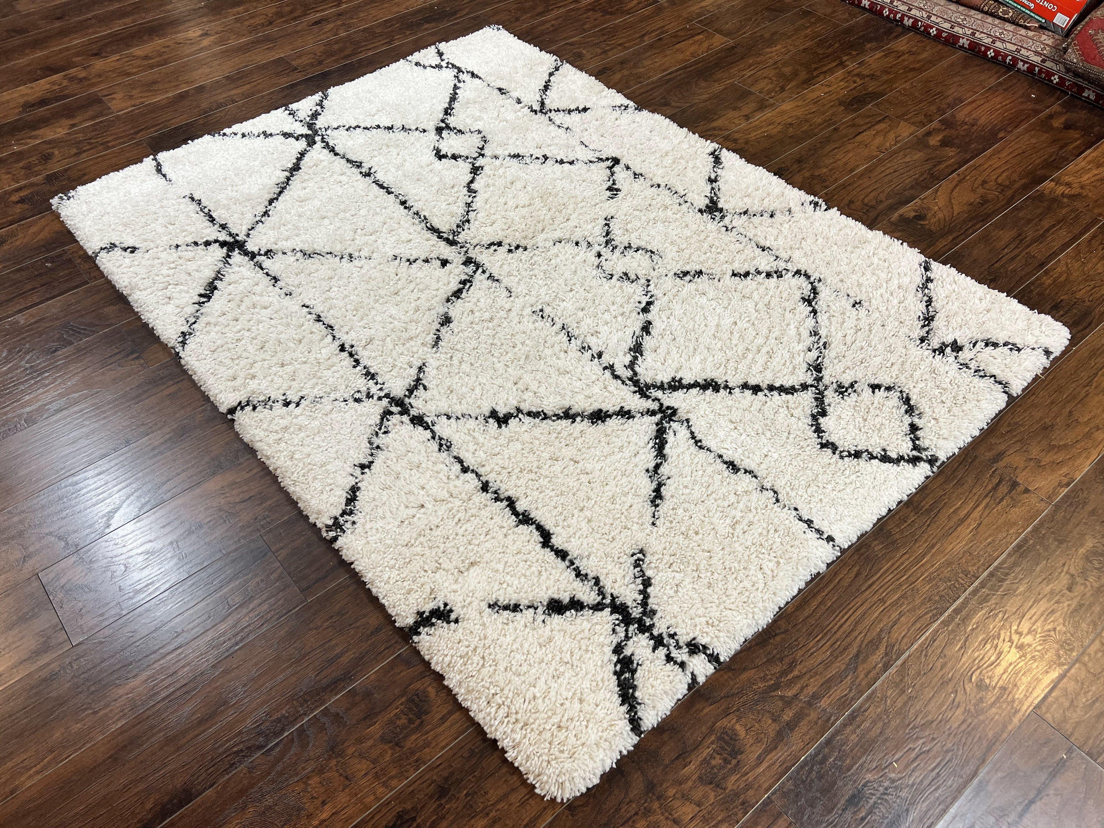 Modern Shag Rug 5x7, Ivory and Black Area Rug 5 x 7 ft