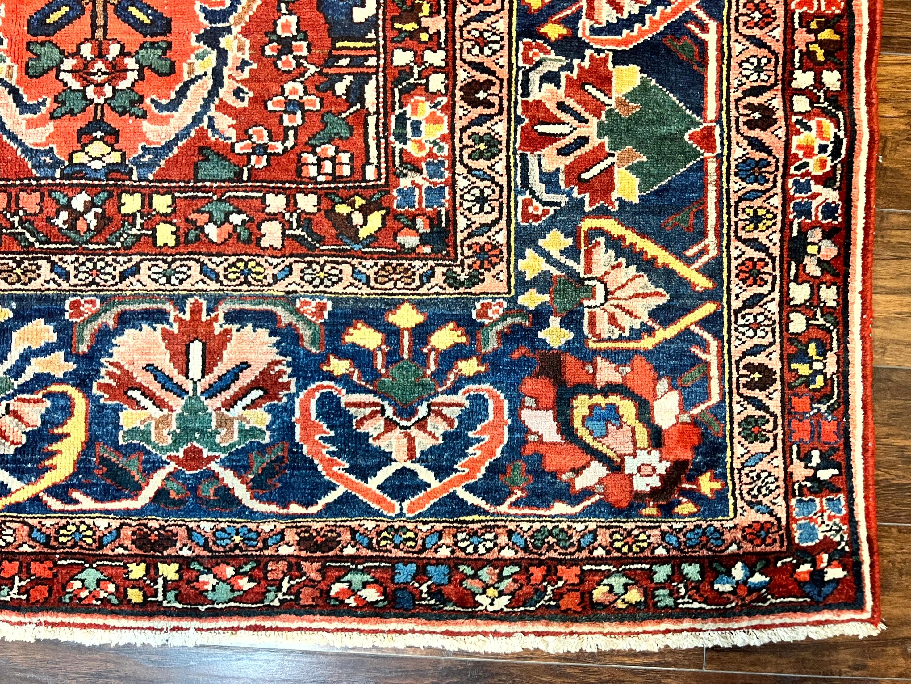 Large Persian Bakhtiari Rug 10x14, Rare Perisan Tribal Rug, Red Blue Ivory Multicolor, Hand Knotted, Semi Antique Carpet