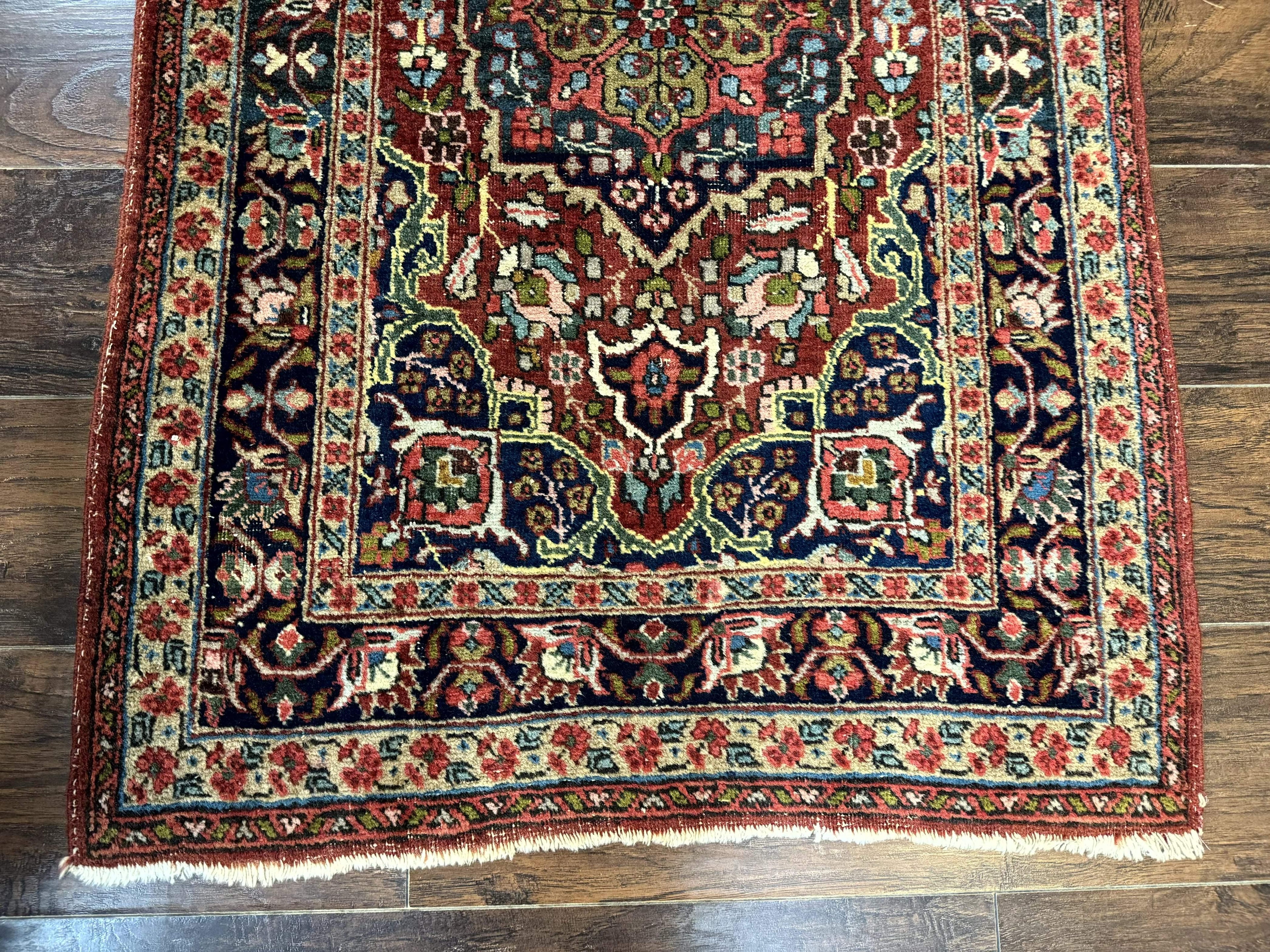 Antique Persian Tabriz Rug 3x5, Brick Red Navy Blue, Floral Medallion, Small Persian Carpet
