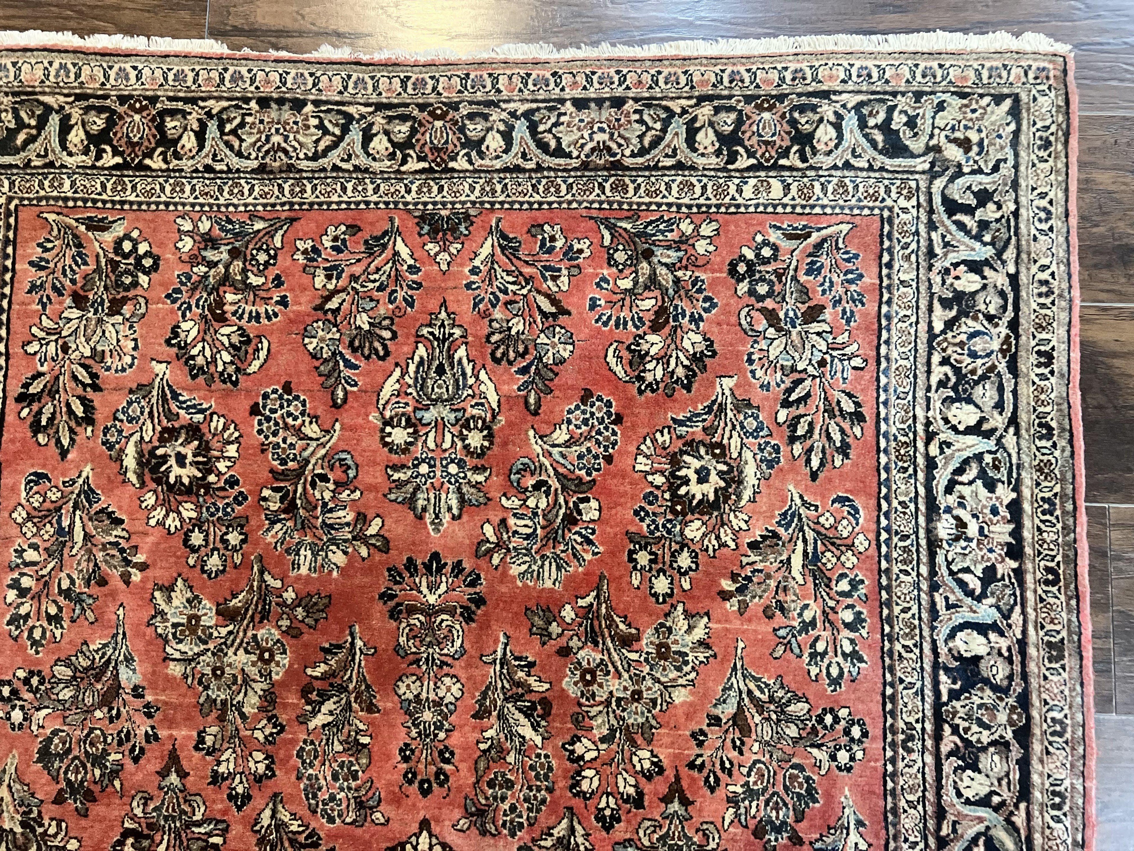 Antique Persian Sarouk Rug 4x7, Hand Knotted Wool Red Persian Carpet, Floral, Fine 300 KPSI