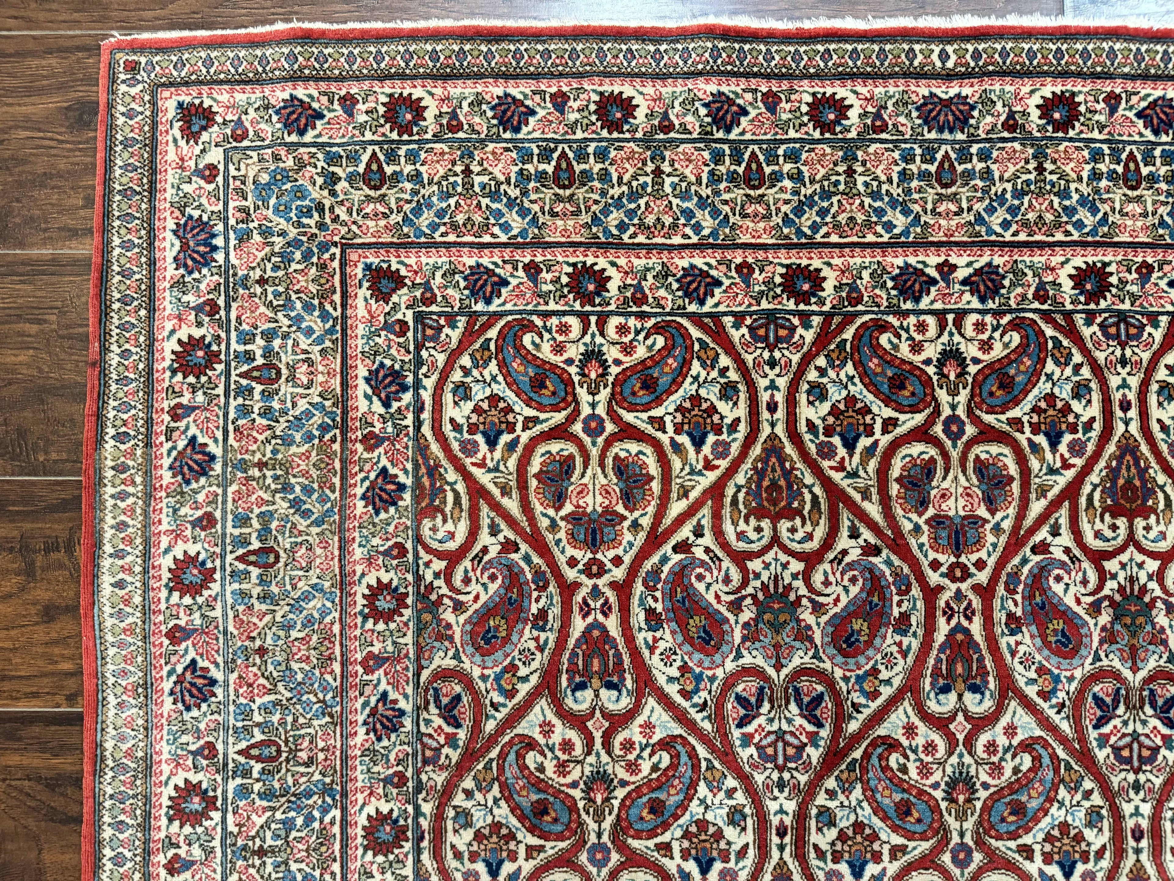 Unique Persian Qum Rug 5x7, Repeated Paisely Boteh Design, Ivory Red Blue, Handmade Antique Wool Persian Carpet, Finely Hand Knotted