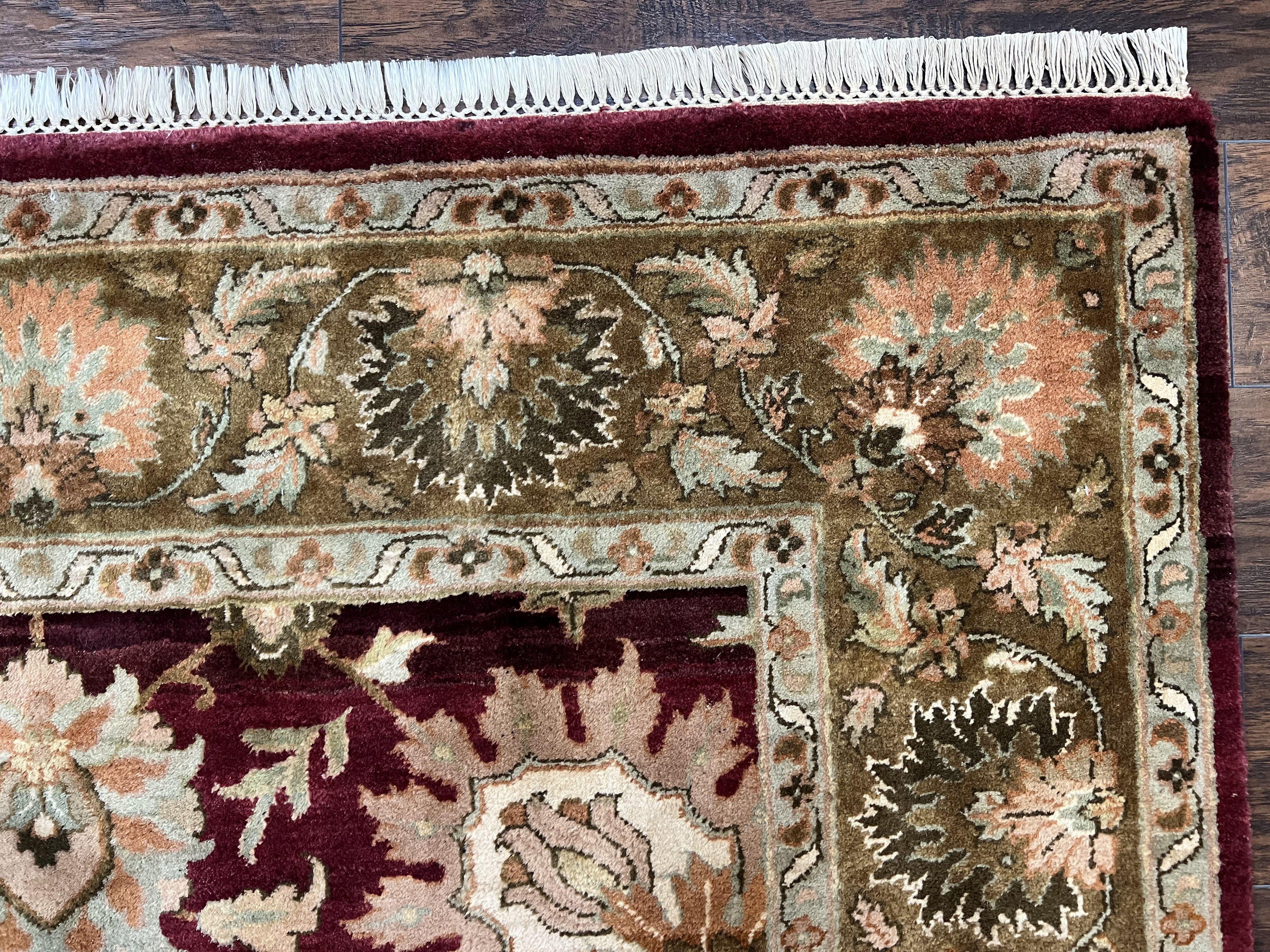 Indo Mahal Rug 6x9, Large Flowers Allover, Maroon and Green, Handmade Wool Area Rug, Vintage Rug, Indian Oriental Carpet, Hand Knotted Rug