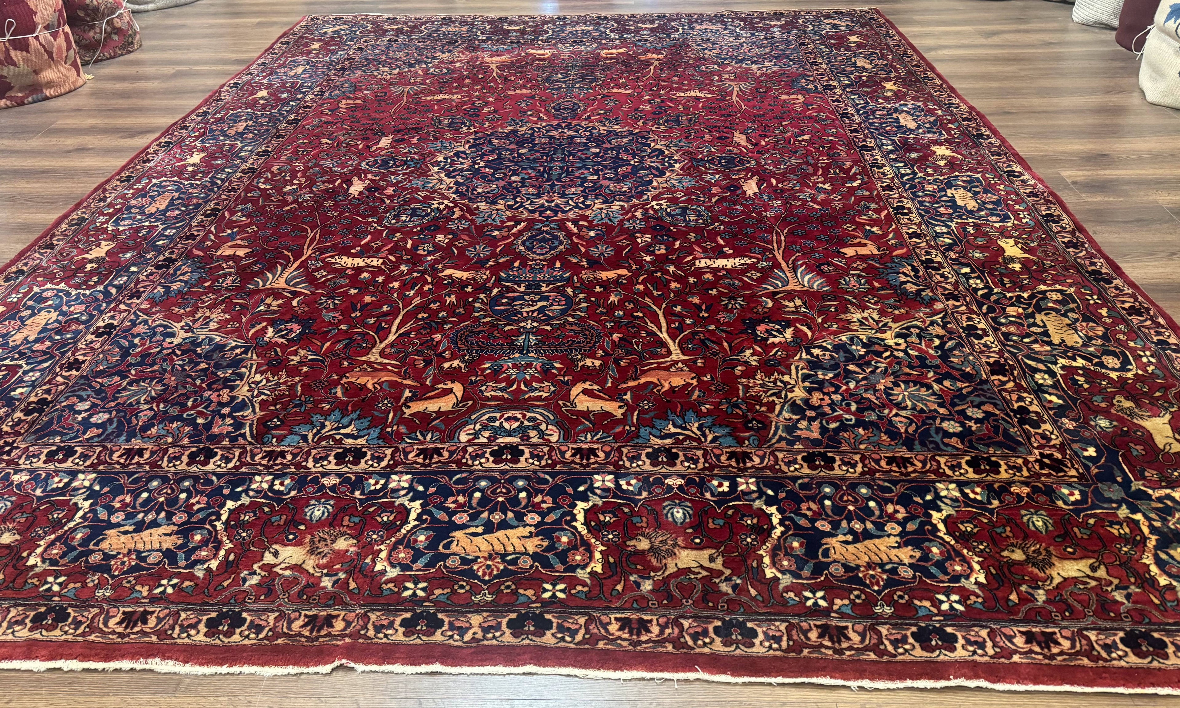 Antique Indo Persian Kerman Rug 9x12 Red Manchester Wool Animal Pictorials, Fine 290 KPSI