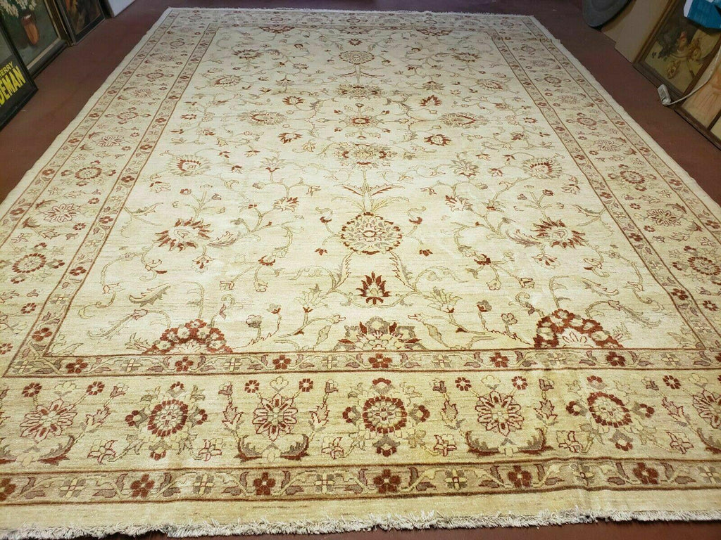Oushak Rug 10x14 Neutral Colors Handmade Peshawar Wool Carpet Oatmeal Beige