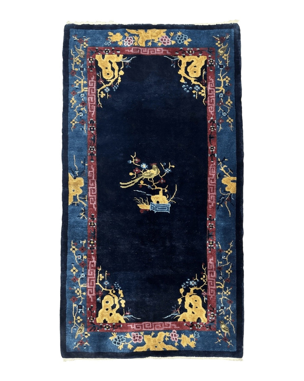 Antique Chinese Peking Rug 3x6, Dark Blue, Bird Motif, Handmade Wool Art Deco Asian Oriental Carpet, Pair A