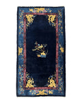 Antique Chinese Peking Rug 3x6, Dark Blue, Bird Motif, Handmade Wool Art Deco Asian Oriental Carpet, Pair A