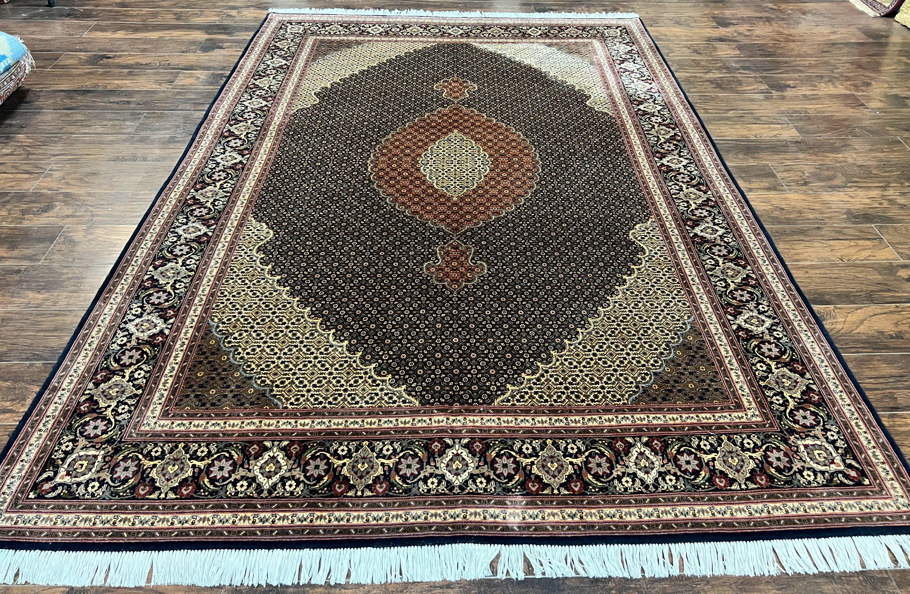 Persian Tabriz Rug 7x10, Very Fine 330 KPSI 50 Raj, Black and Beige, Handmade Wool Vintage Persian Carpet