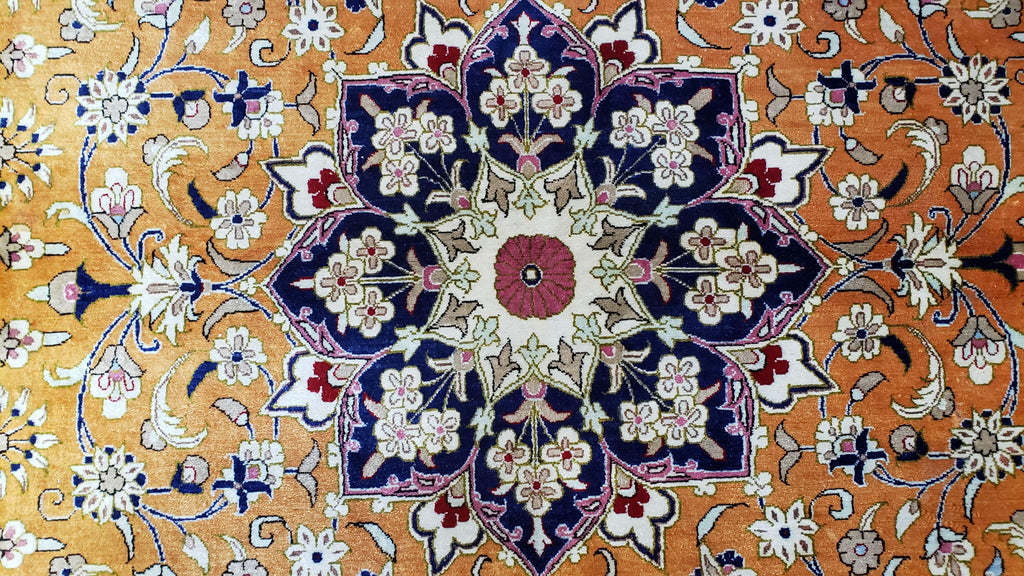 Vintage Persian Qum Silk Rug 4.6 x 6.7, Burnt Orange and Navy Blue, Antique Oriental Very Fine Signature Master Weaver 350+ KPSI Ghom Qom 5x7 Rug