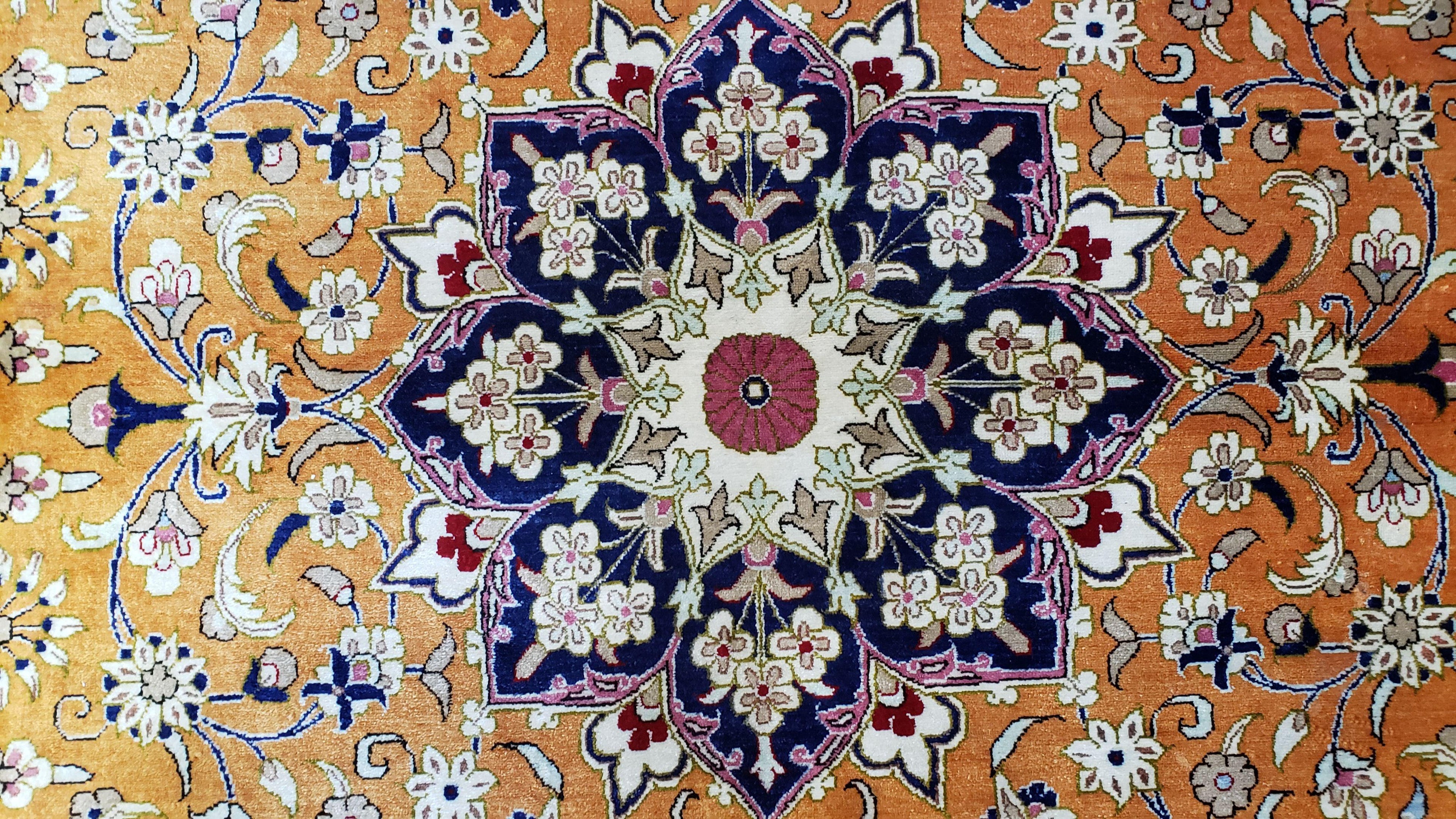 Vintage Persian Qum Silk Rug 4.6 x 6.7, Burnt Orange and Navy Blue, Antique Oriental Very Fine Signature Master Weaver 350+ KPSI Ghom Qom 5x7 Rug