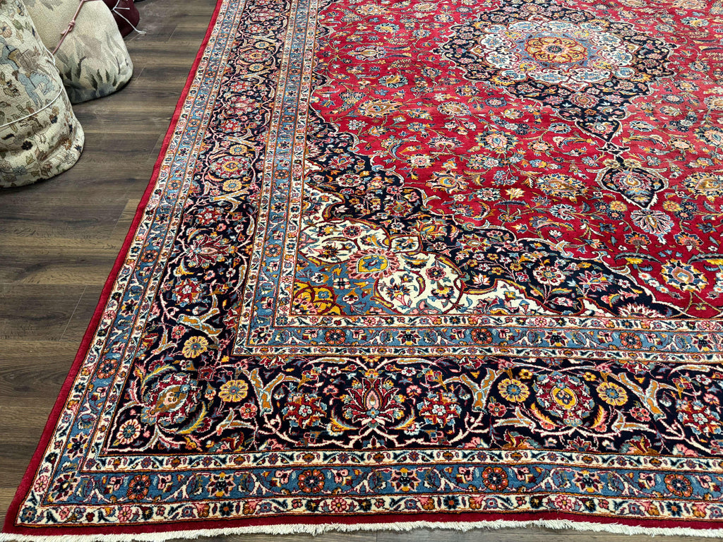 Large Persian Kashan Rug 11x14, Traditional Persian Carpet, Wool, Fine 250 KPSI, Red Navy Blue